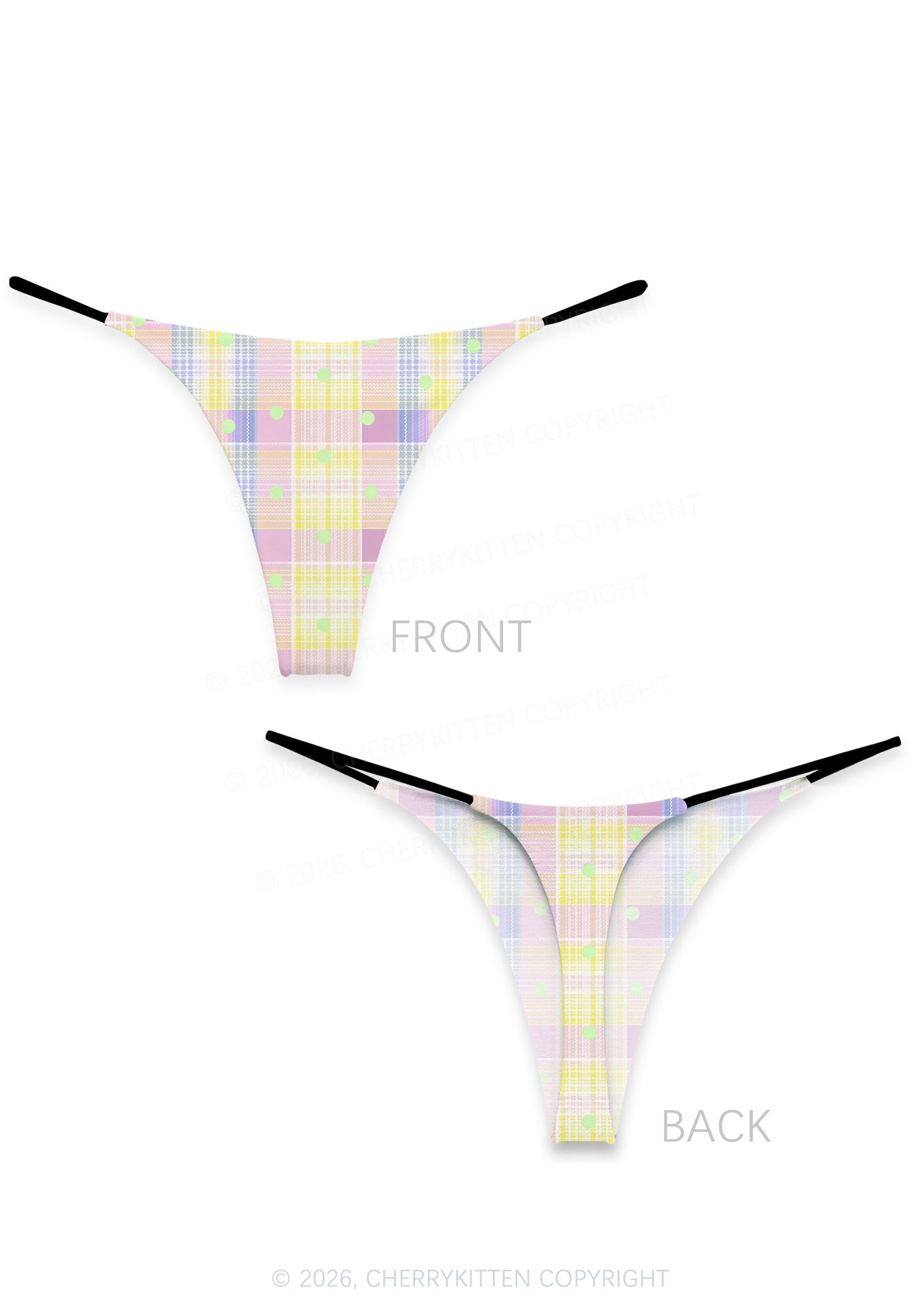 Light Green Dots On Plaid Y2K Print Bikini String Thong Cherrykitten