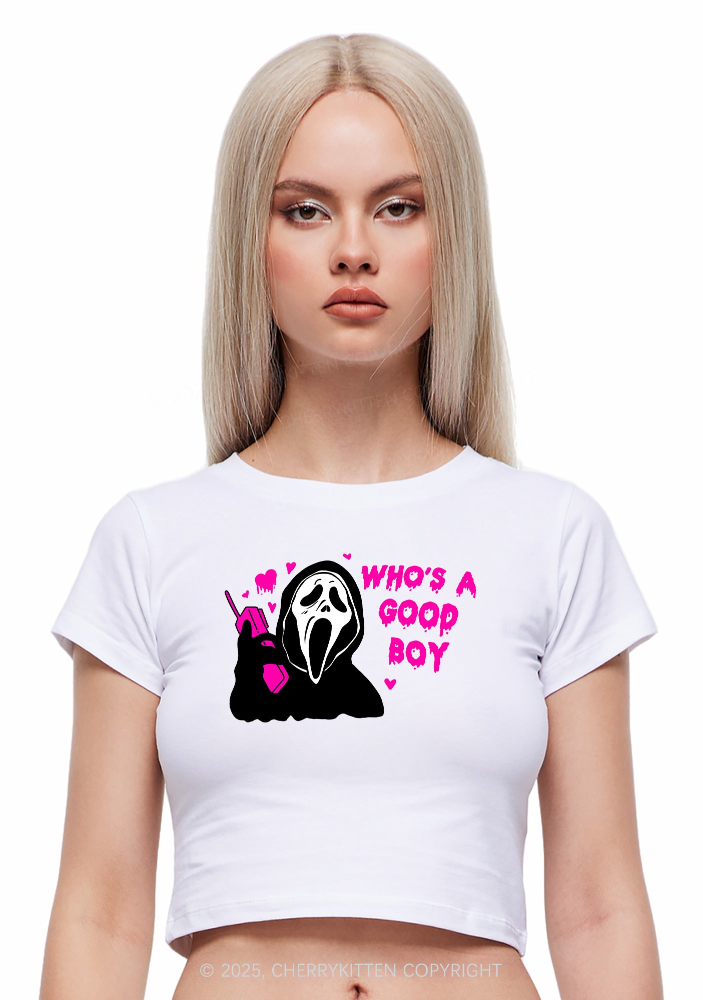 Halloween Whos Good Boy Y2K Baby Tee Cherrykitten