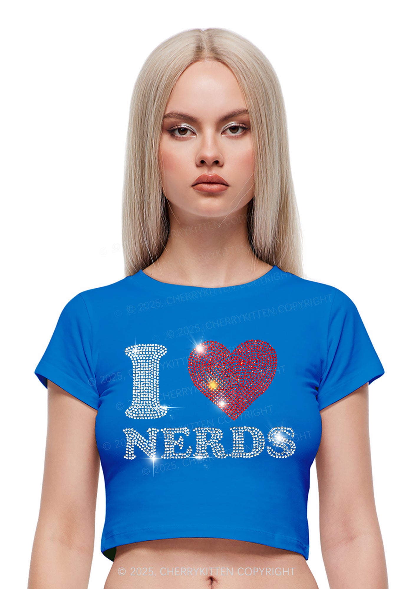 Rhinestone I Love Nerds Y2K Baby Tee Cherrykitten