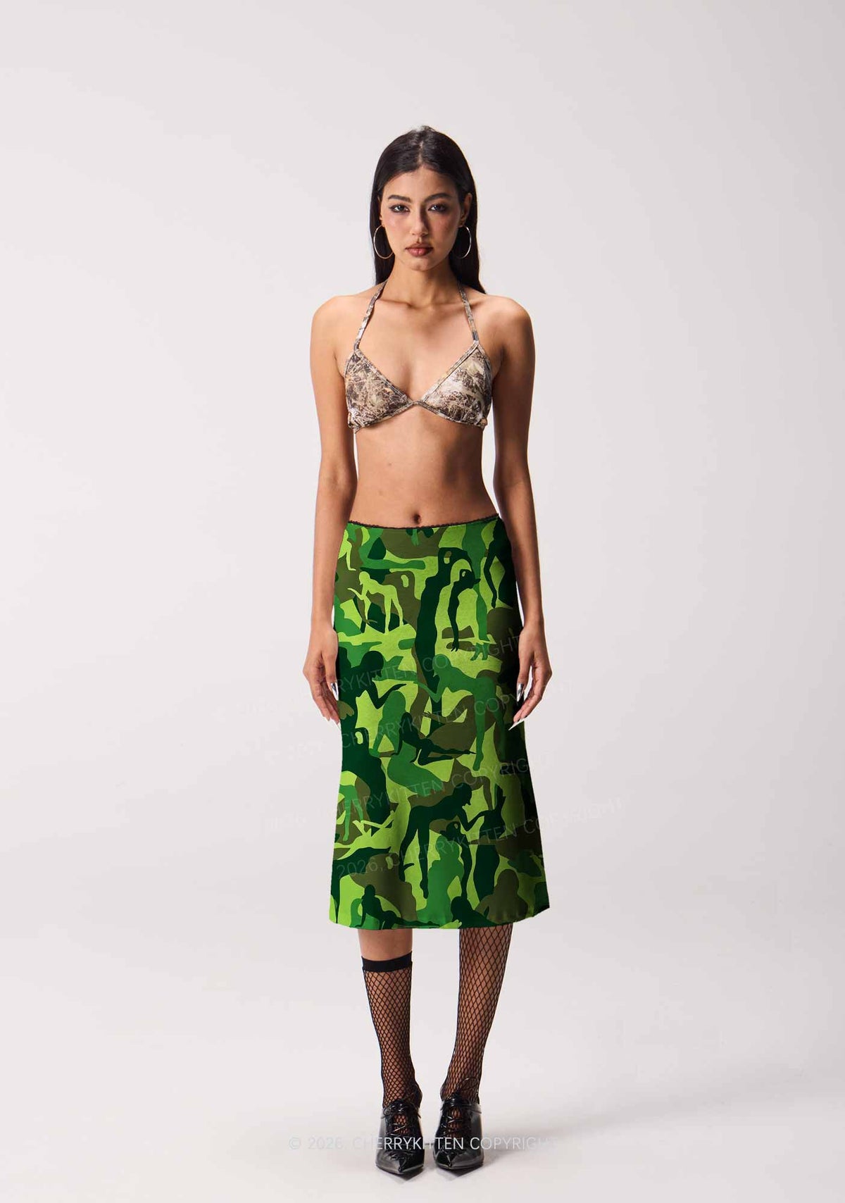 Green Camo Women Figure Y2K Print Midi Skirt Cherrykitten