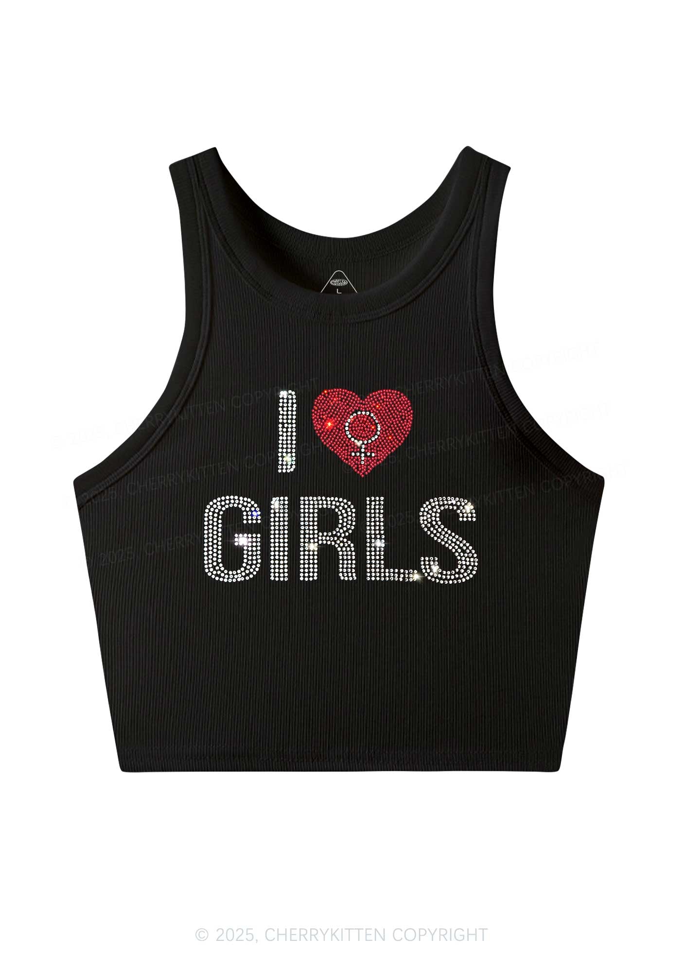Rhinestone I Love Girls Pride Y2K Crop Tank Top Cherrykitten