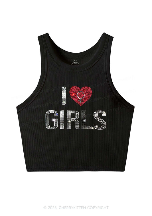 Rhinestone I Love Girls Pride Y2K Crop Tank Top Cherrykitten