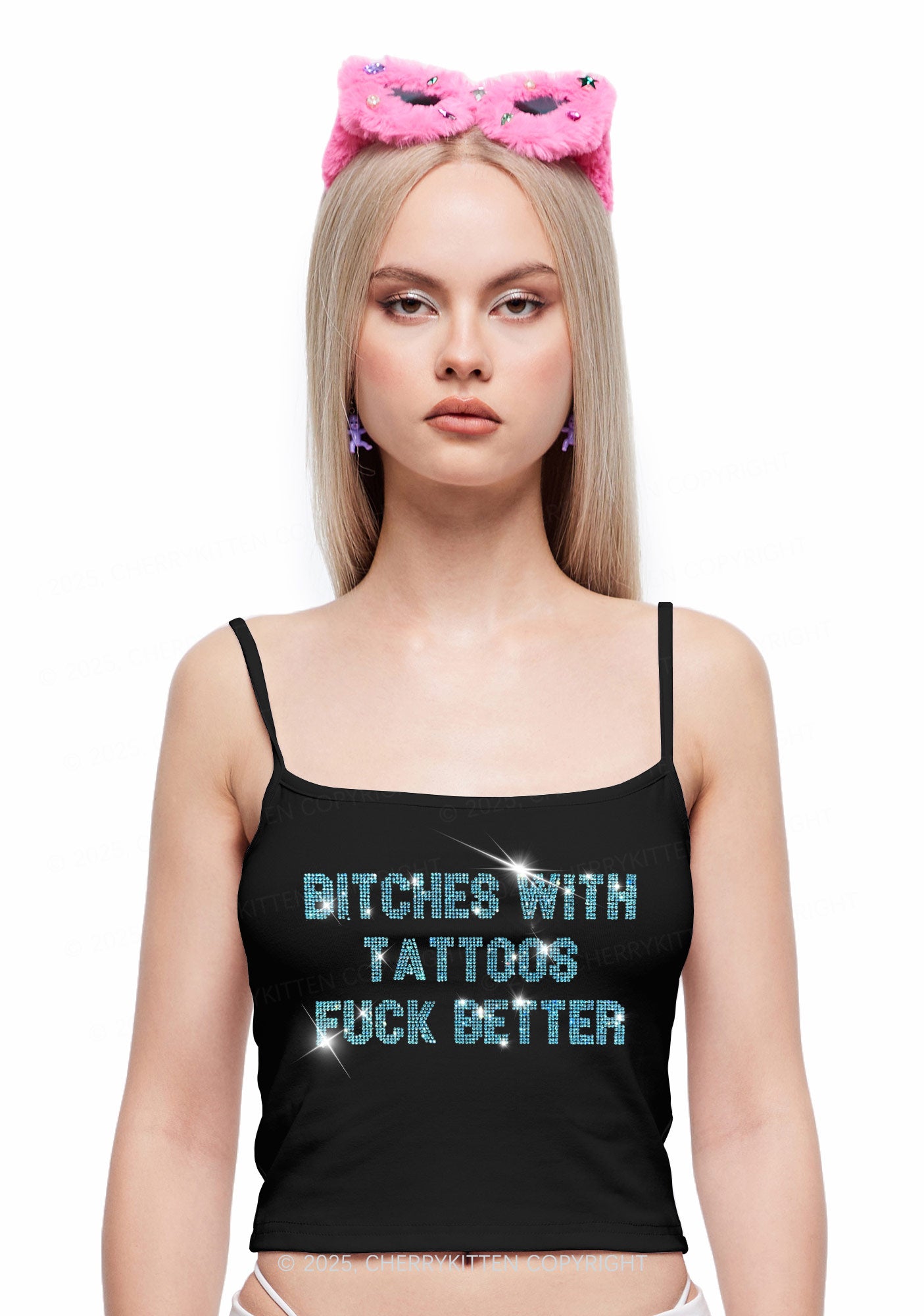 Rhinestone Bxxches With Tattoos Fxxk Better Y2K Spaghetti Strap Cami Cherrykitten