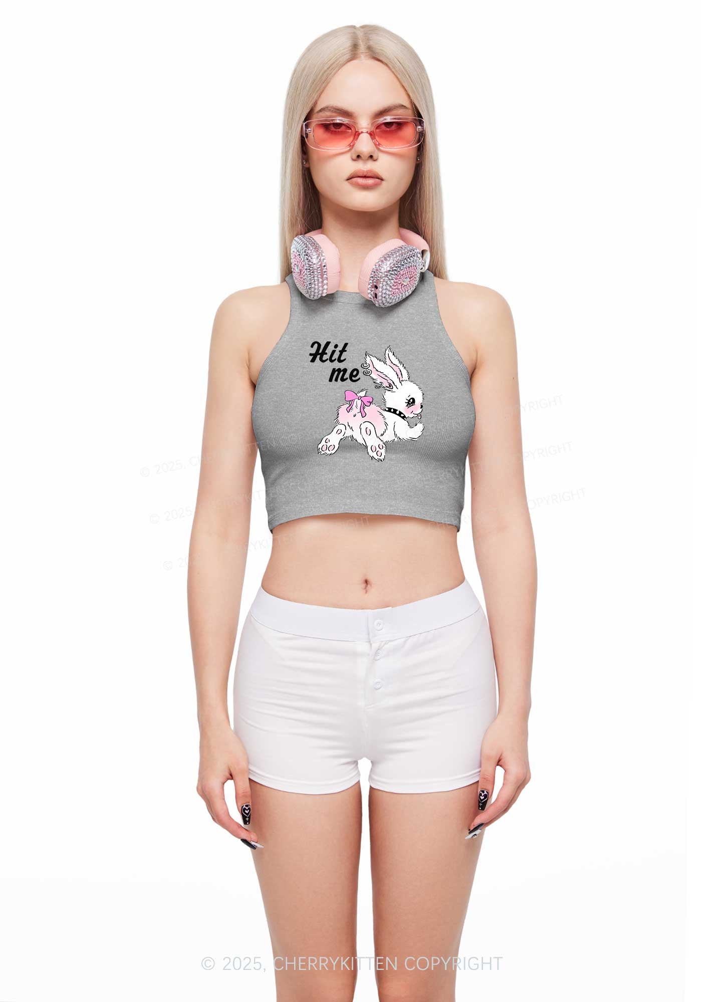 Hit Me White Bunny Y2K Crop Tank Top Cherrykitten