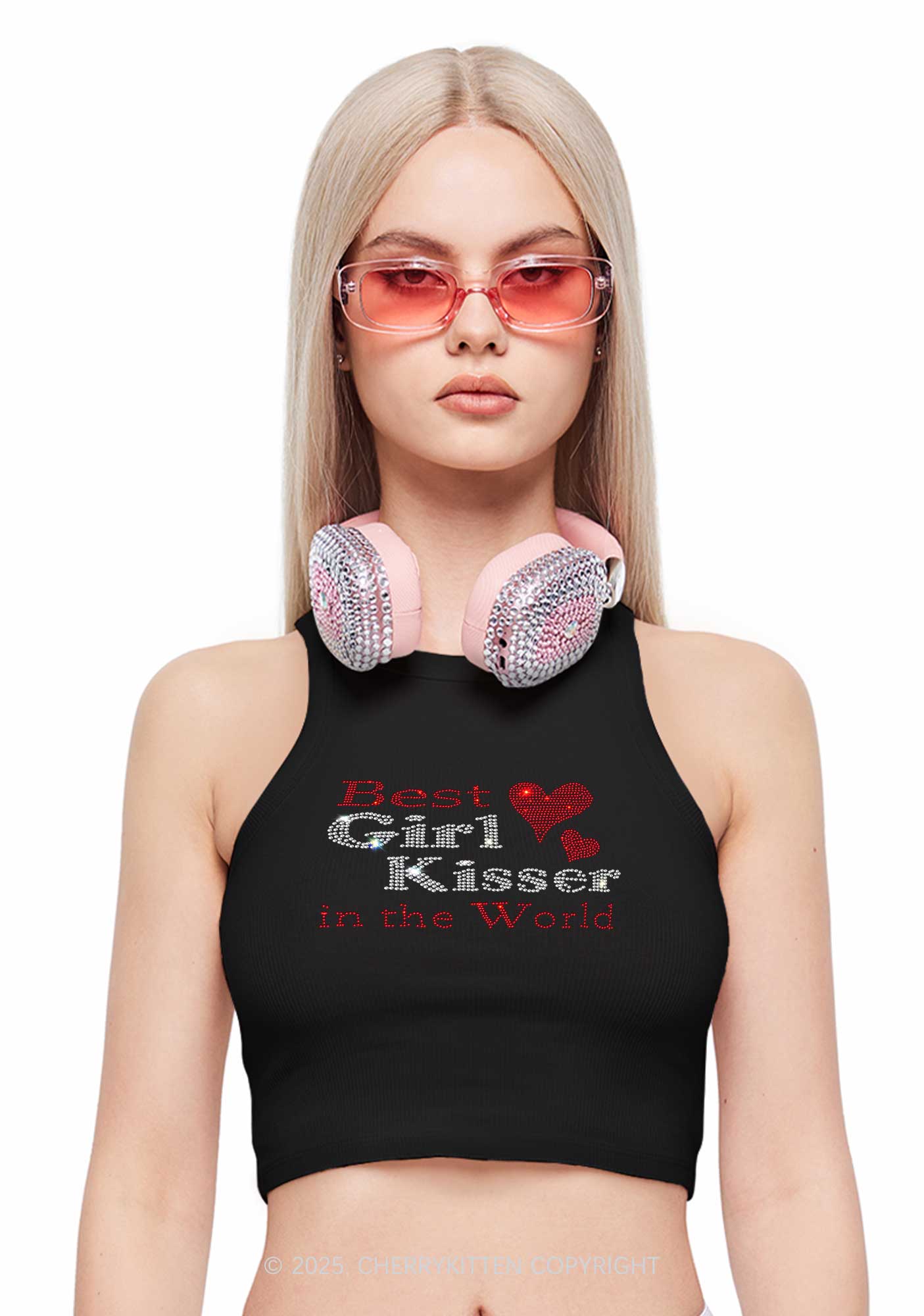 Rhinestone Best Girl Kisser Pride Y2K Crop Tank Top Cherrykitten
