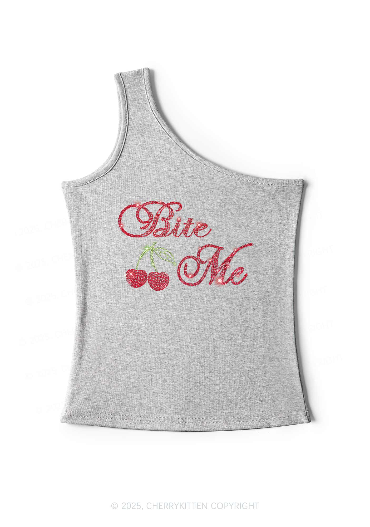 Rhinestone Red Cherry Bite Me Y2K One Shoulder Tank Top Cherrykitten