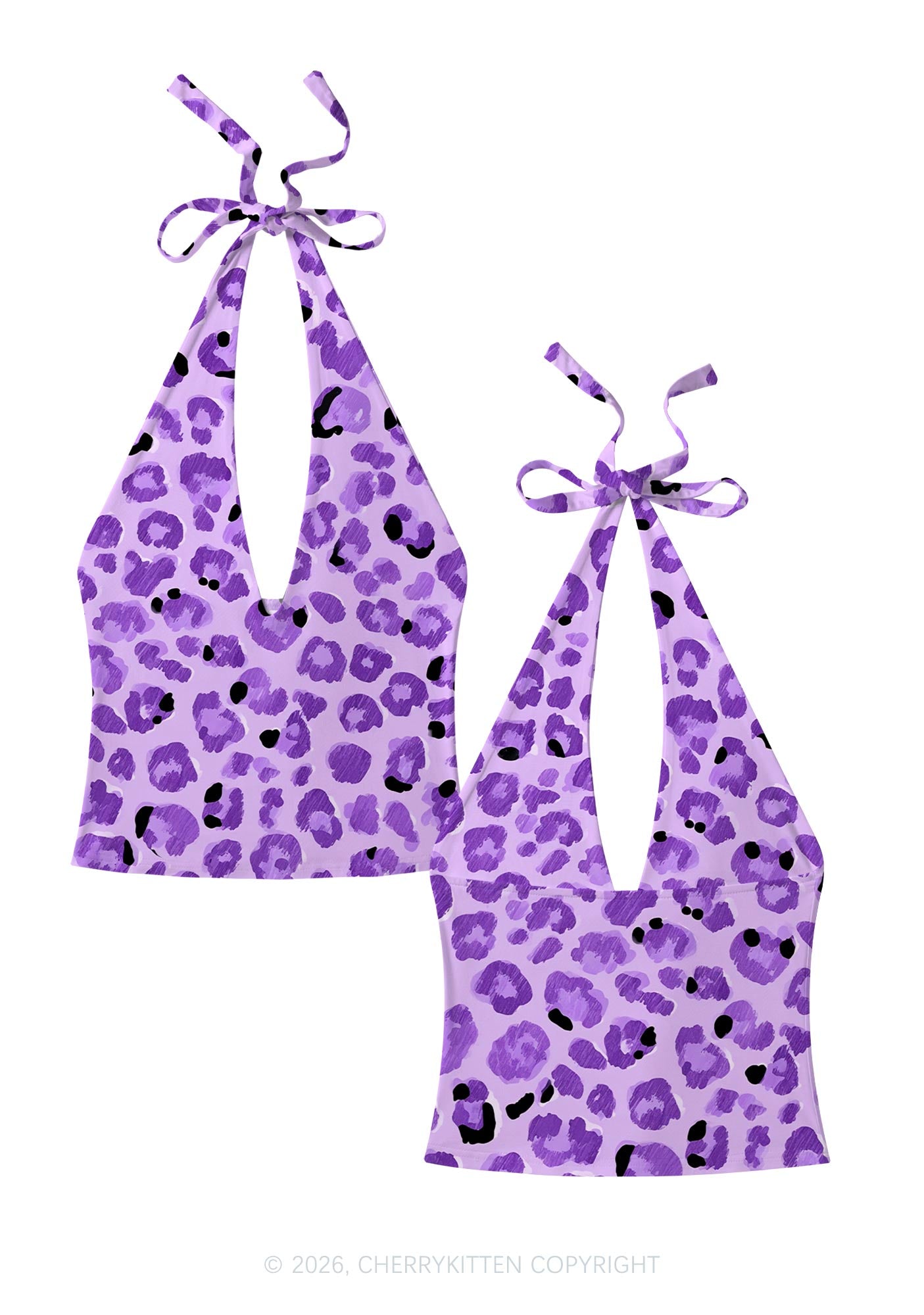 Purple Leopard Y2K Print Halter Deep V Neck Cami Cherrykitten