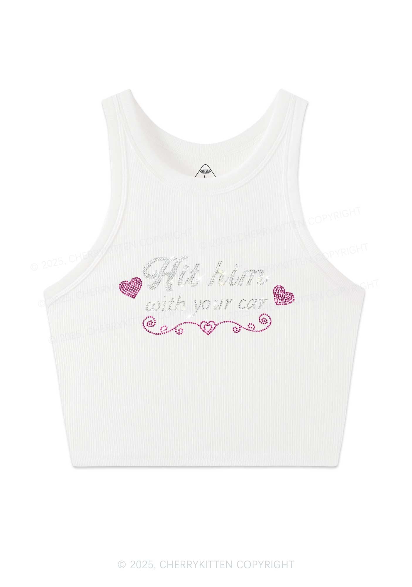 Rhinestone Hit Him Y2K Crop Tank Top Cherrykitten