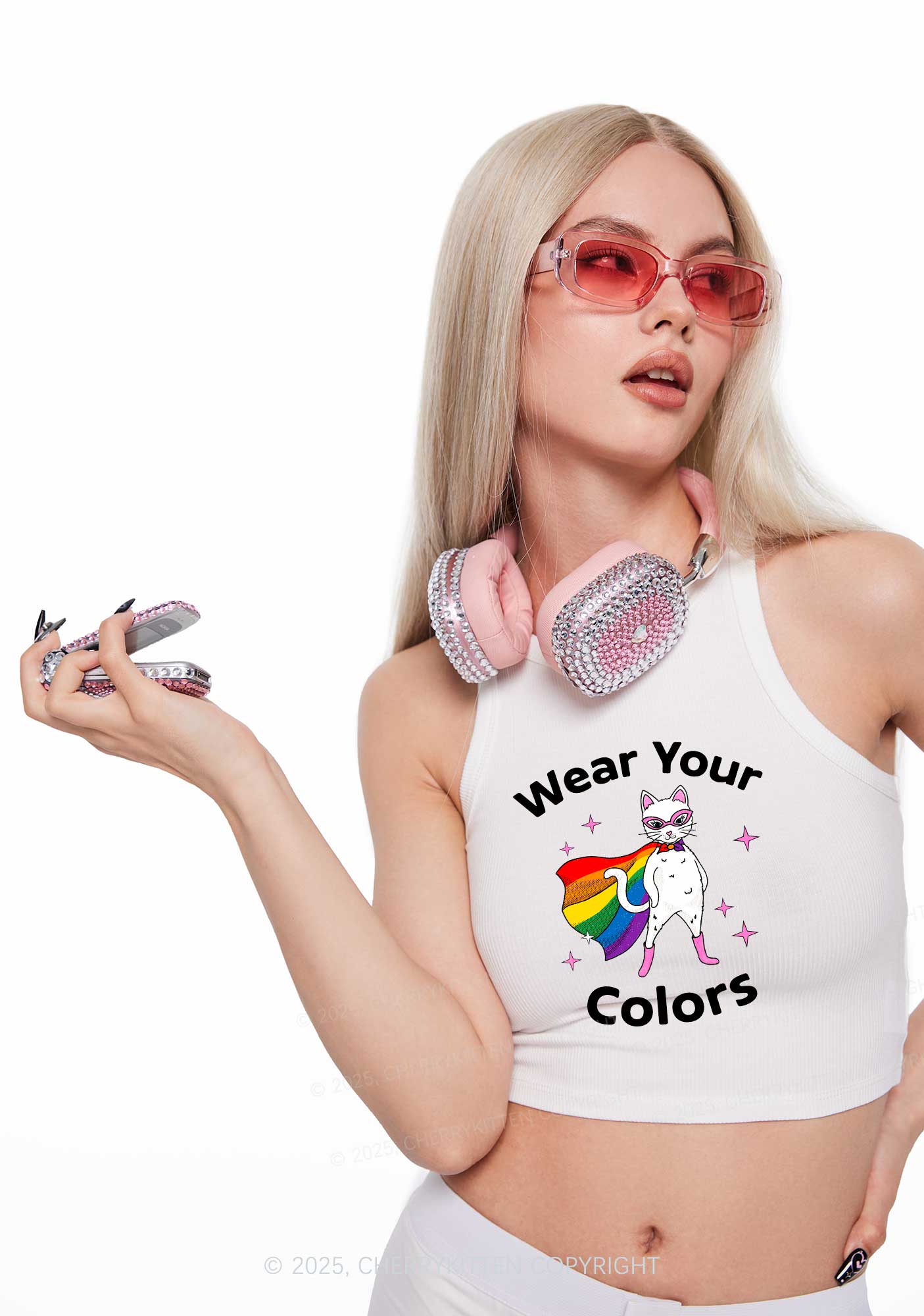 Pride Flag Cat Y2K Crop Tank Top Cherrykitten