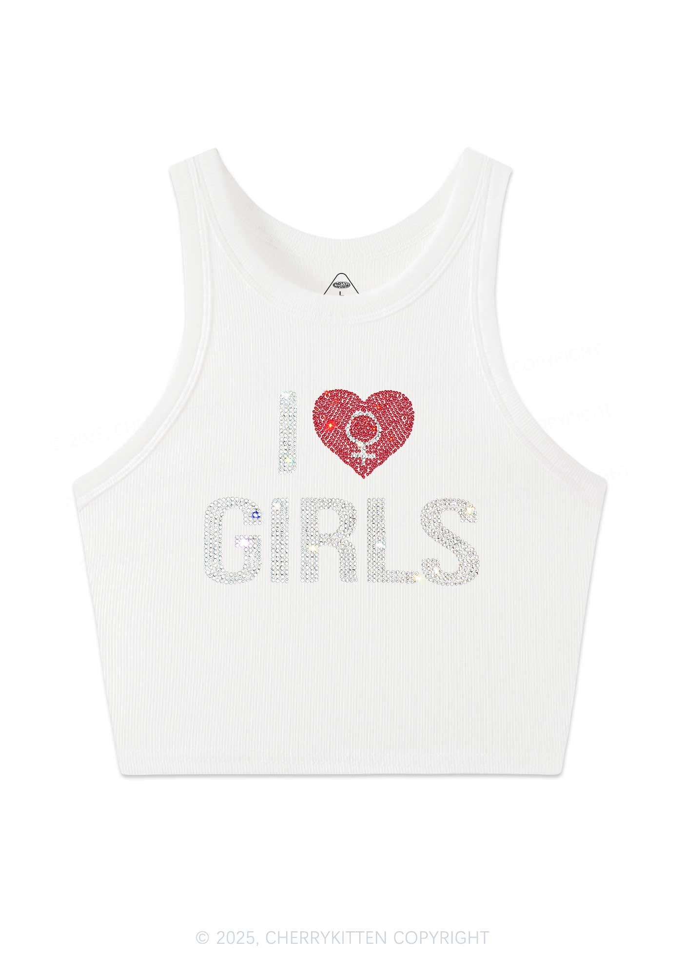 Rhinestone I Love Girls Pride Y2K Crop Tank Top Cherrykitten
