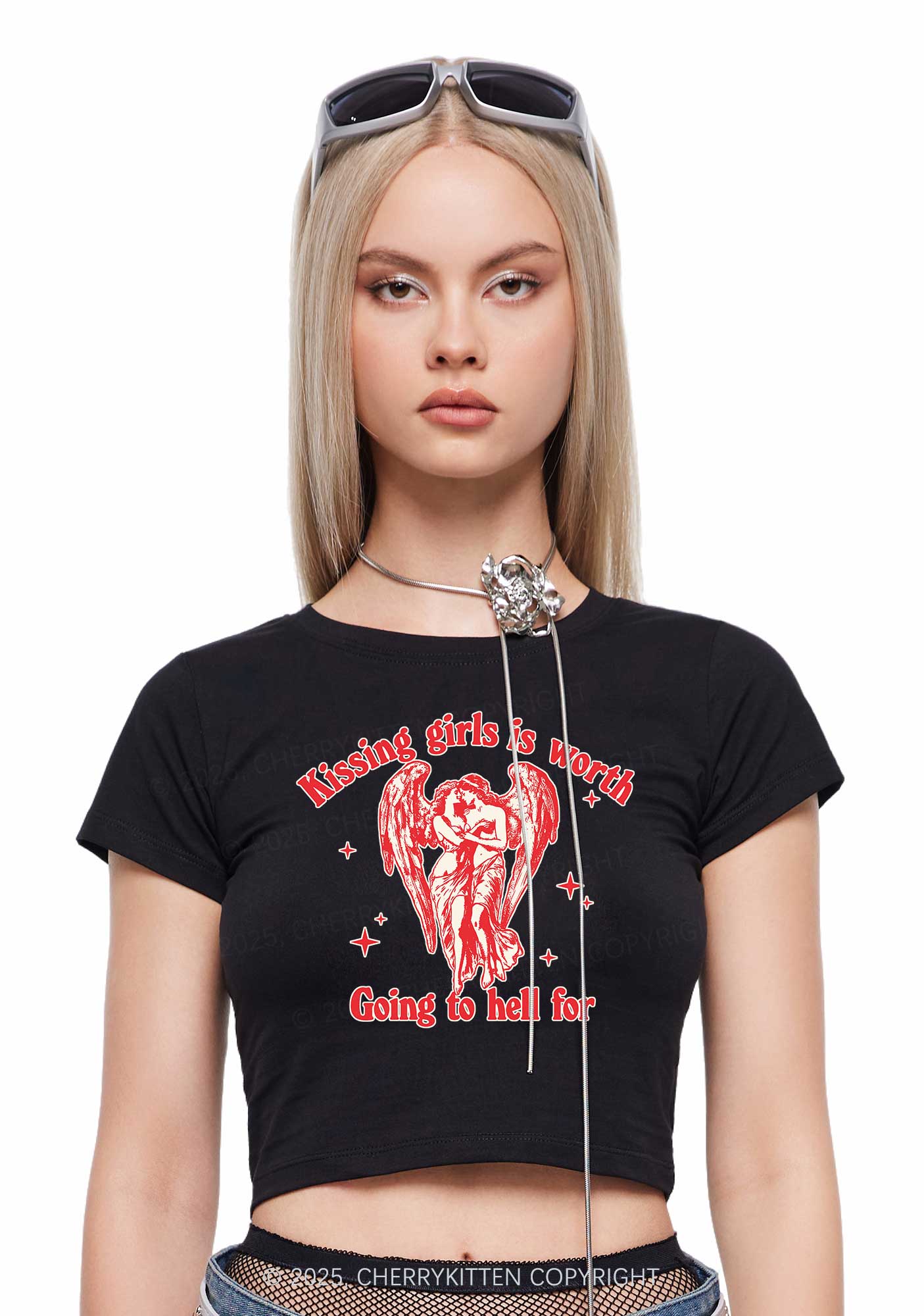 Kissing Girls To Hell Pride Y2K Baby Tee Cherrykitten