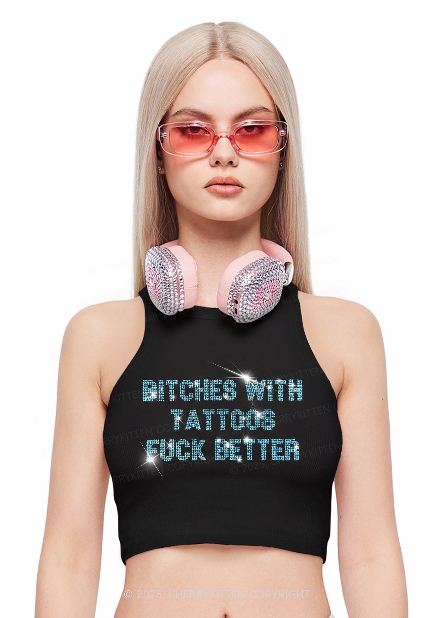 Rhinestone Bxxches With Tattoos Fxxk Better Y2K Crop Tank Top Cherrykitten