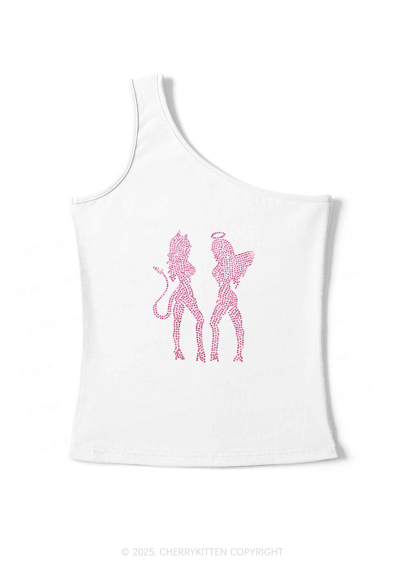Rhinestone Dancing Girls Y2K One Shoulder Tank Top Cherrykitten