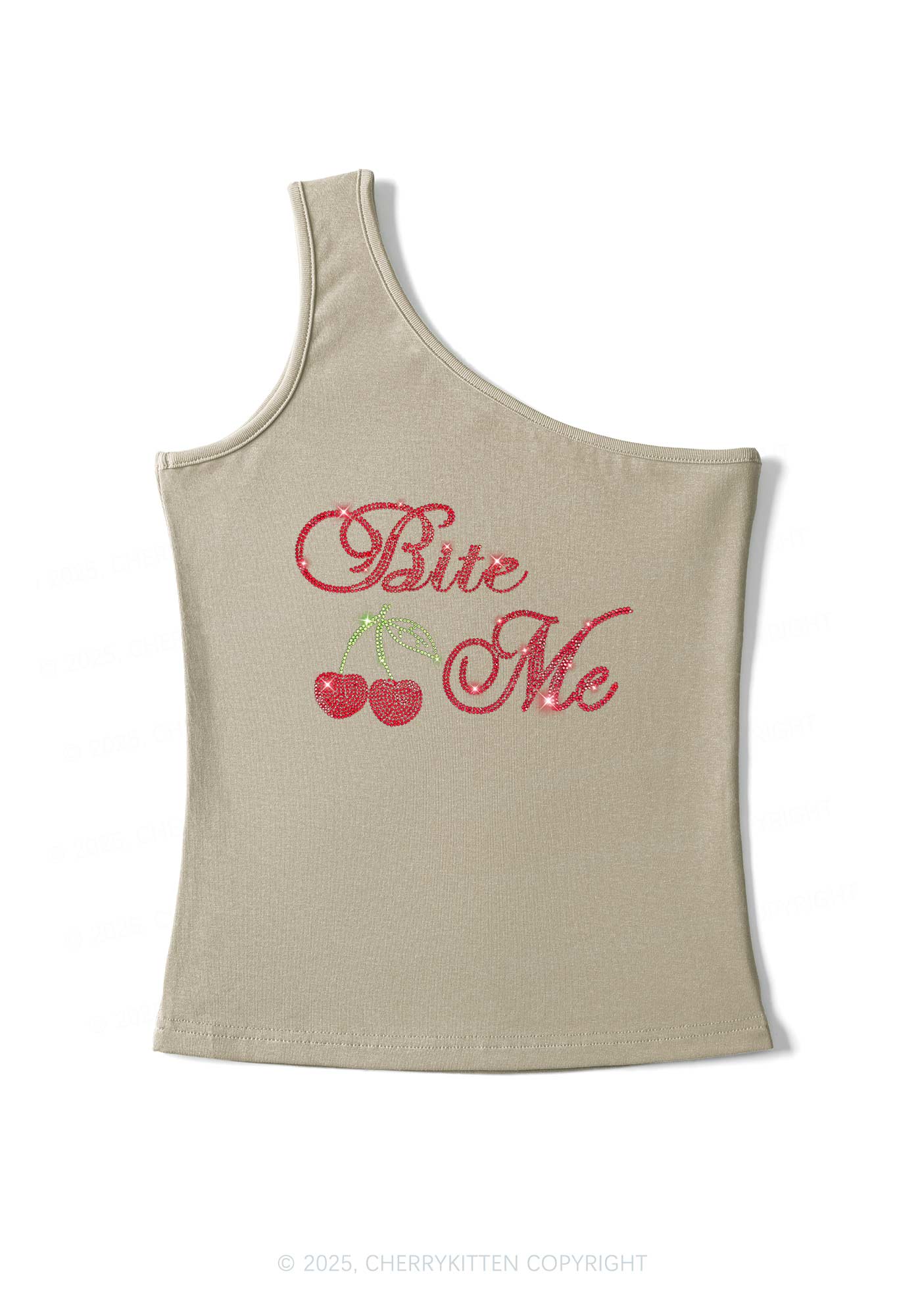 Rhinestone Red Cherry Bite Me Y2K One Shoulder Tank Top Cherrykitten