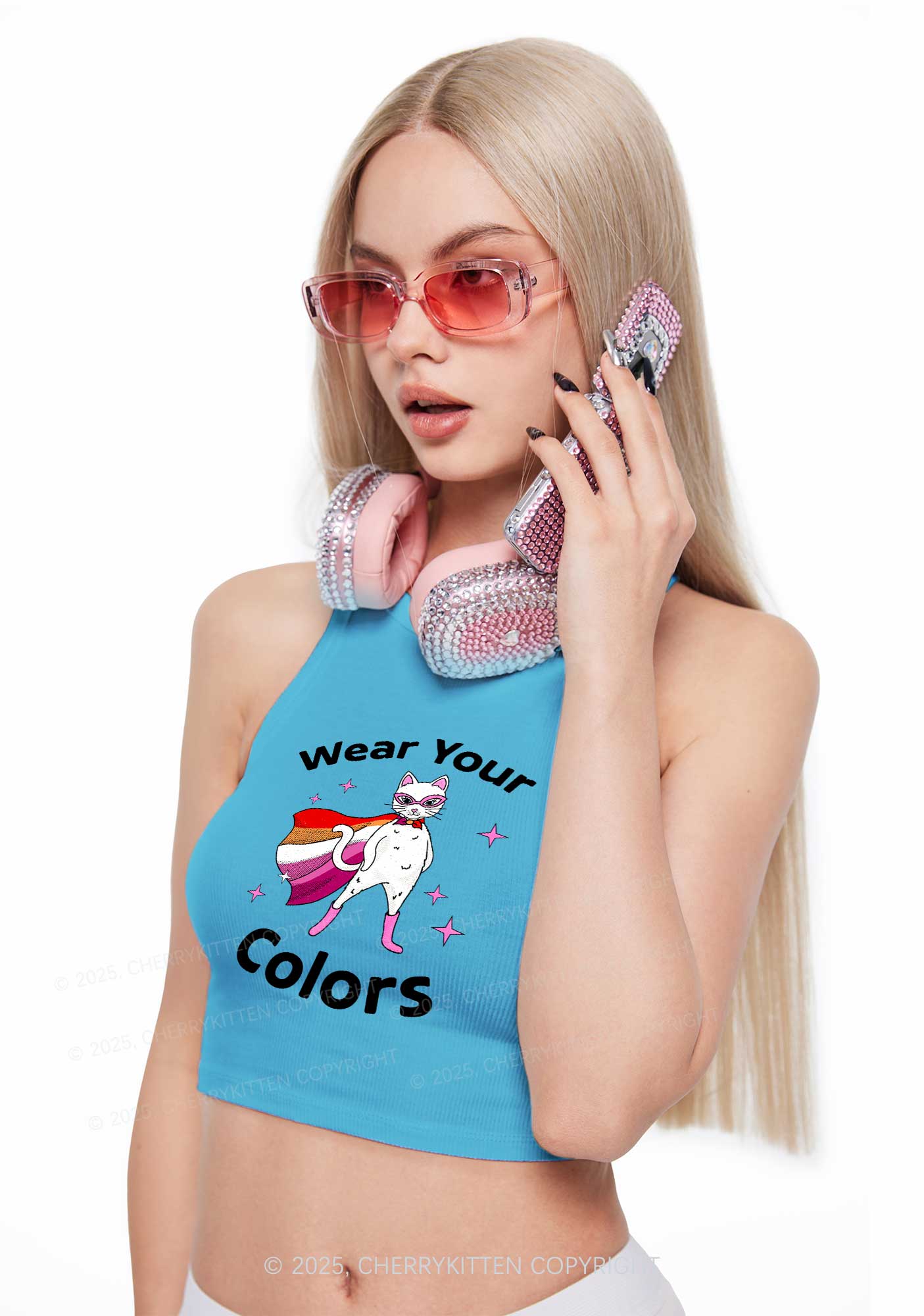 Lesbian Flag Cat Pride Y2K Crop Tank Top Cherrykitten