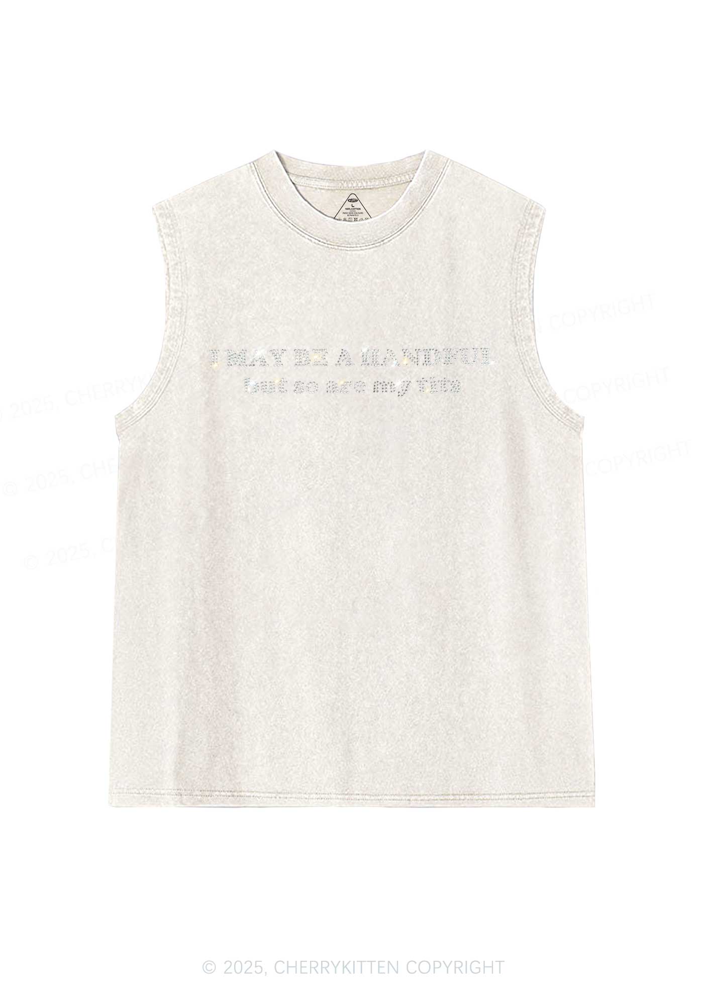 Rhinestone I May Be A Handful Y2K Washed Muscle Tank Cherrykitten