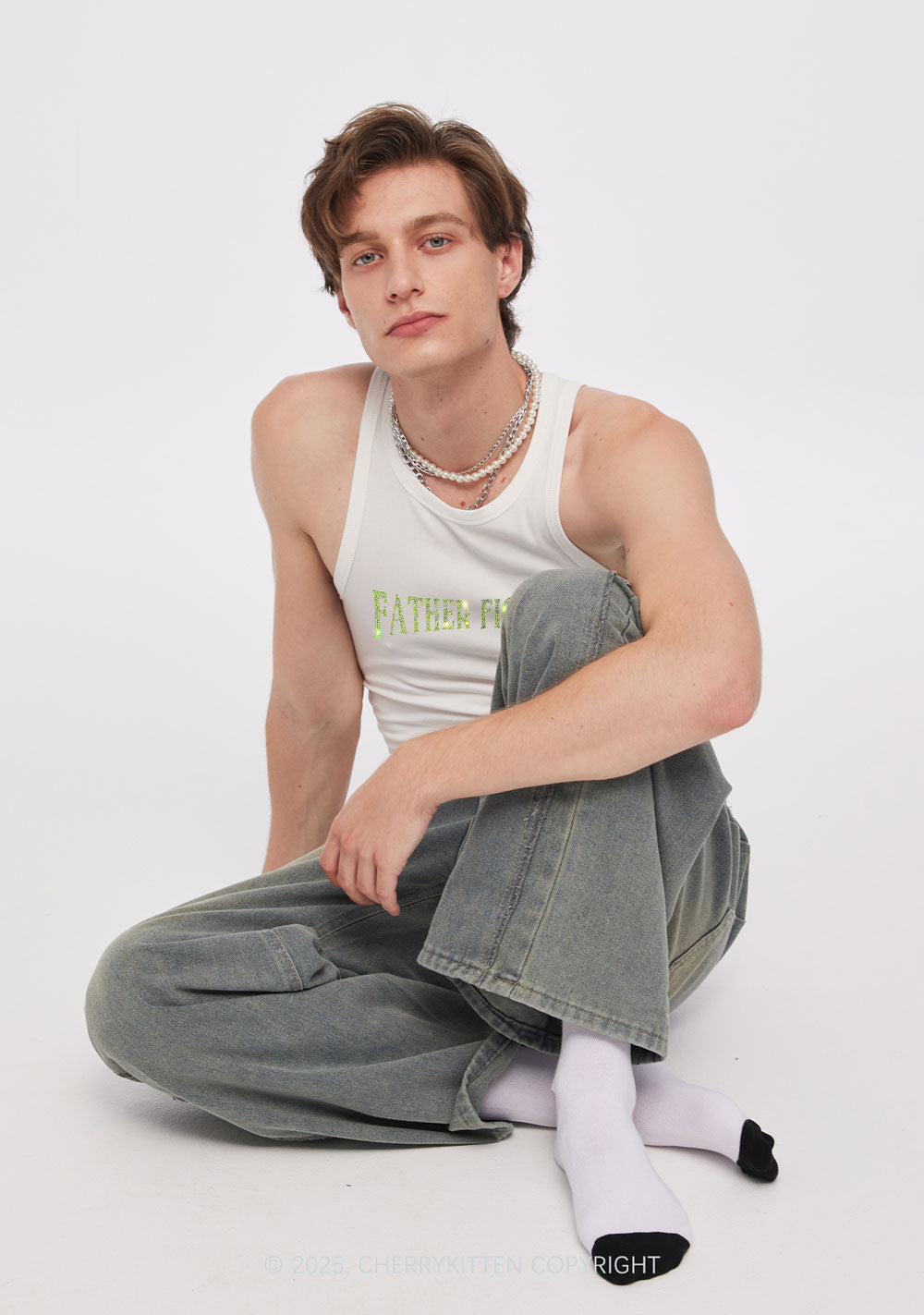 Rhinestone Father Figure Y2K Crop Tank Top Cherrykitten