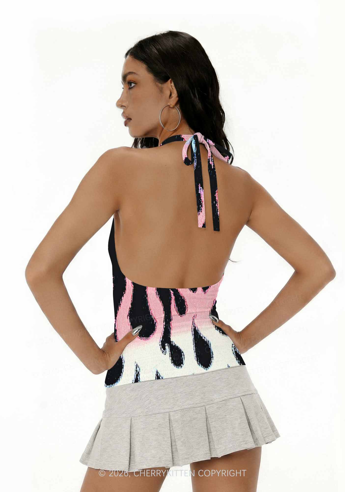 Trans Flame Pride Y2K Print Halter Deep V Neck Cami Cherrykitten