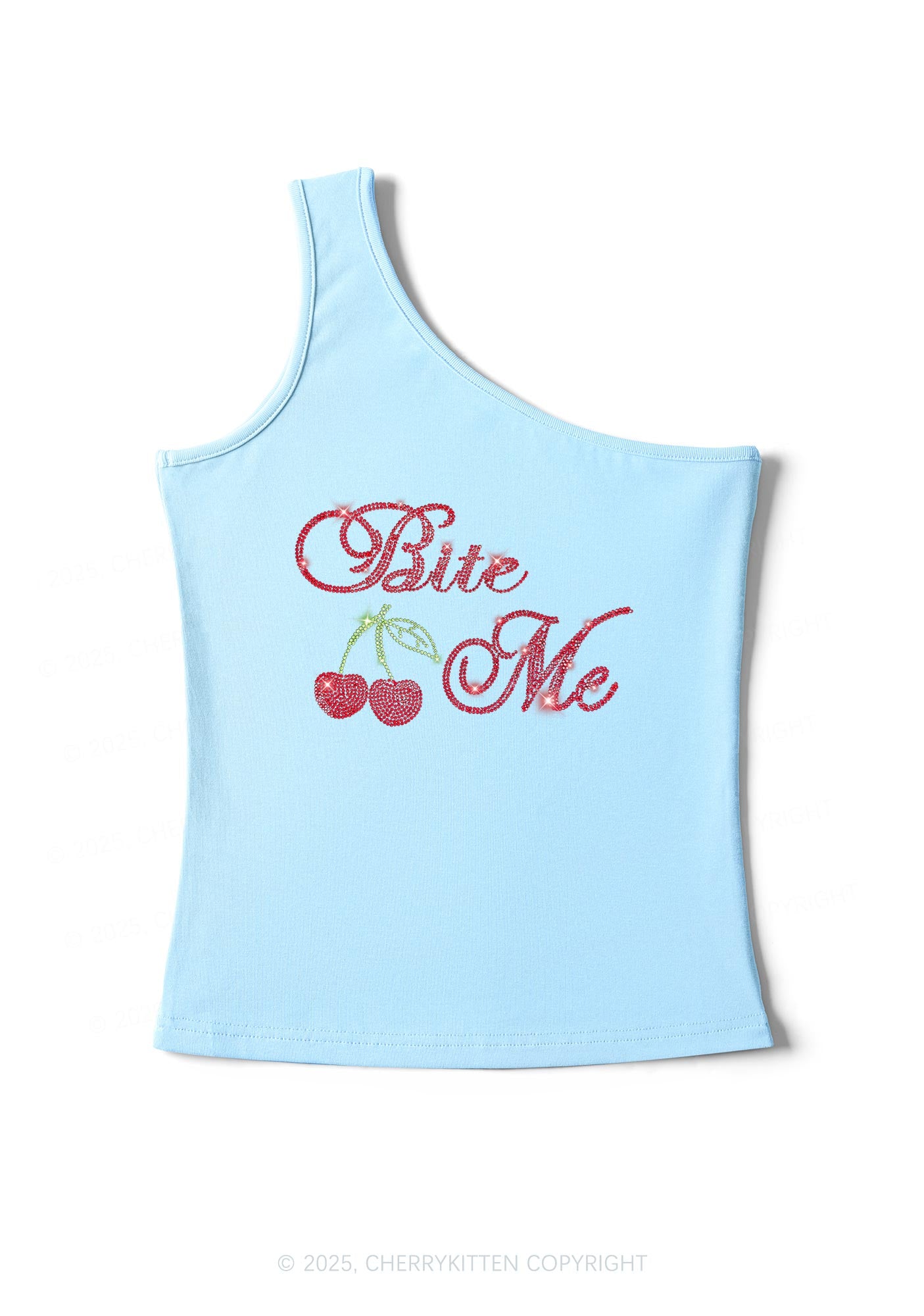 Rhinestone Red Cherry Bite Me Y2K One Shoulder Tank Top Cherrykitten