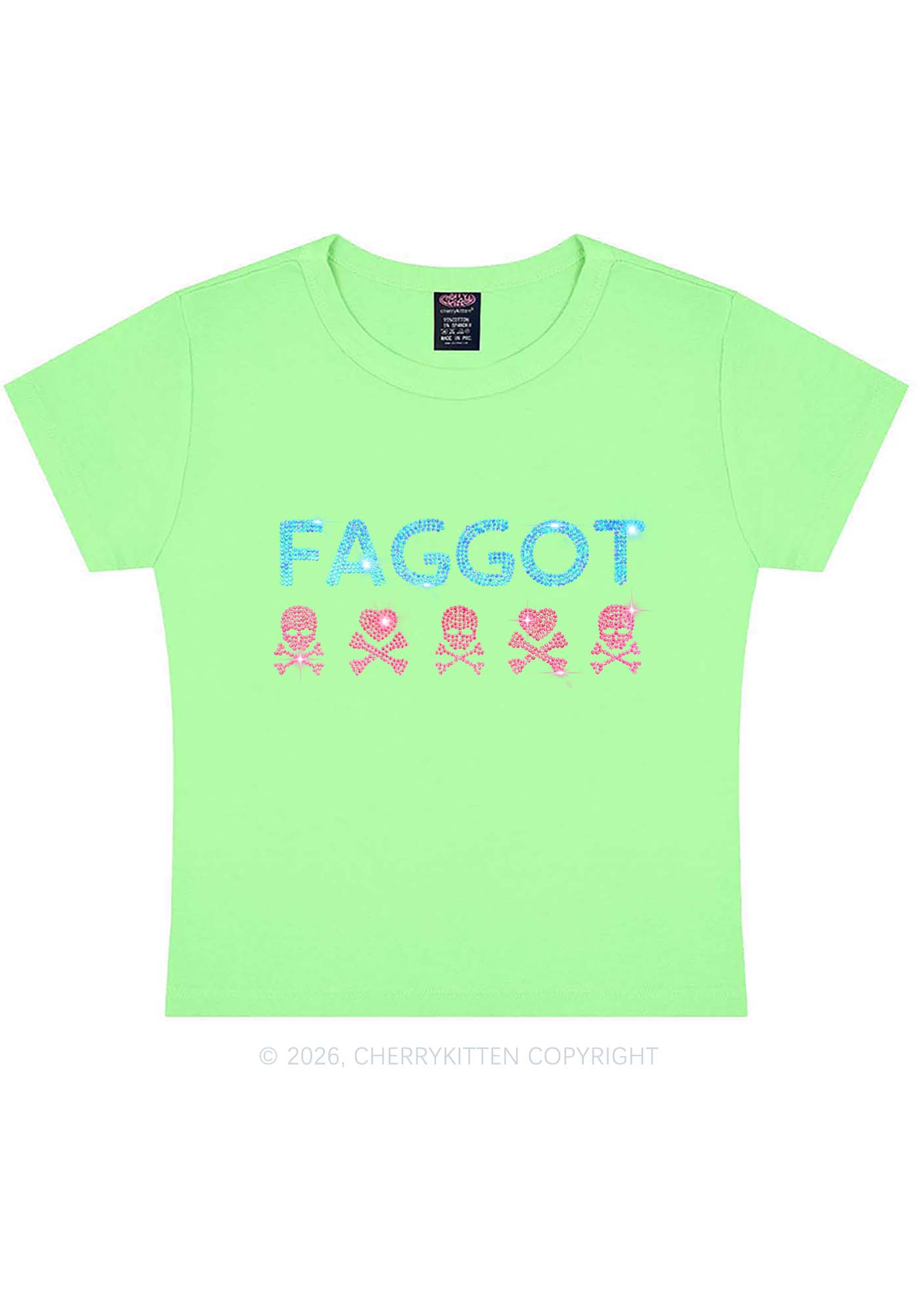 Rhinestone Faggot Skull Pride Y2K Baby Tee Cherrykitten