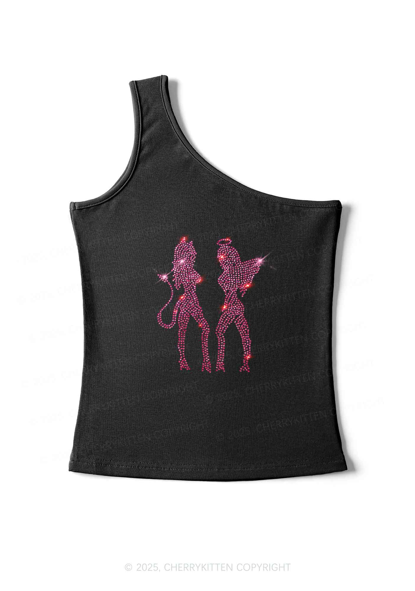 Rhinestone Dancing Girls Y2K One Shoulder Tank Top Cherrykitten