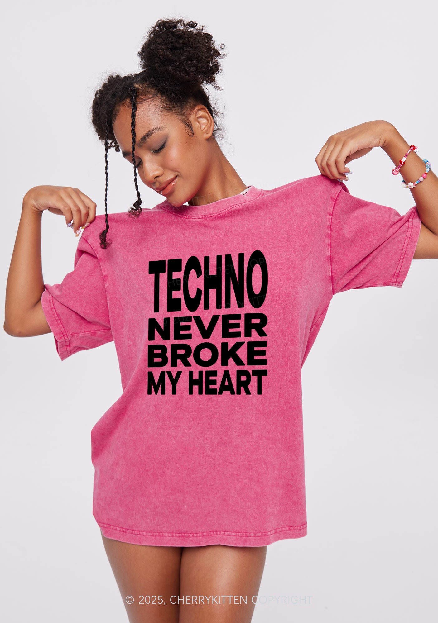 Techno Heart Y2K Shirts Washed Tee Cherrykitten