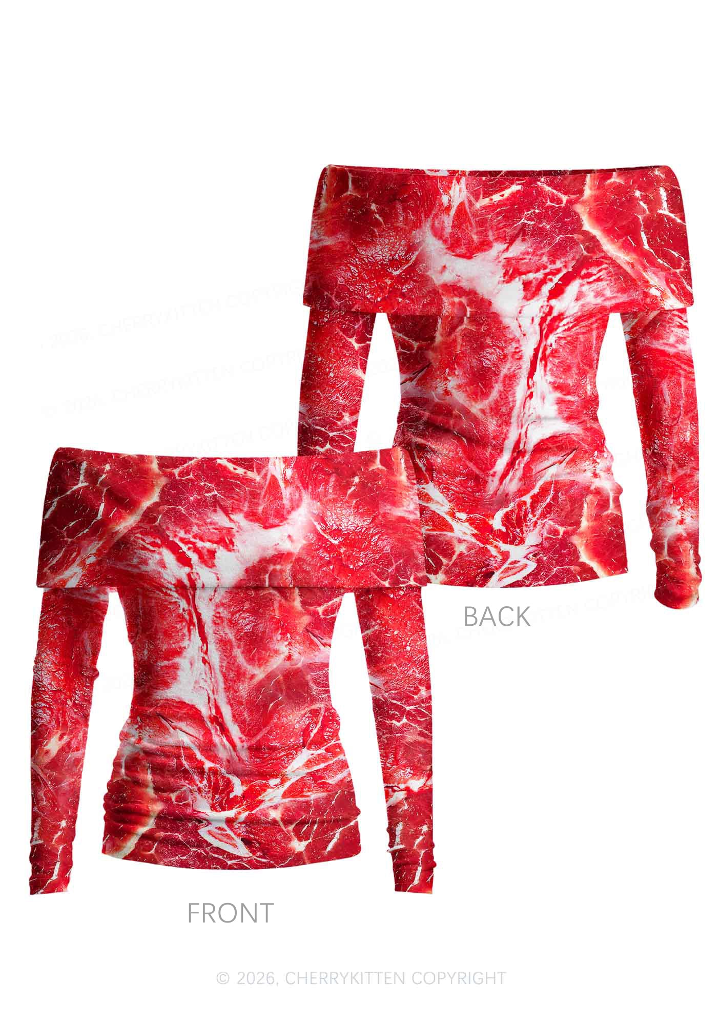 Beef Steak Texture Y2K Off Shoulder Fold Over Knit Top Cherrykitten