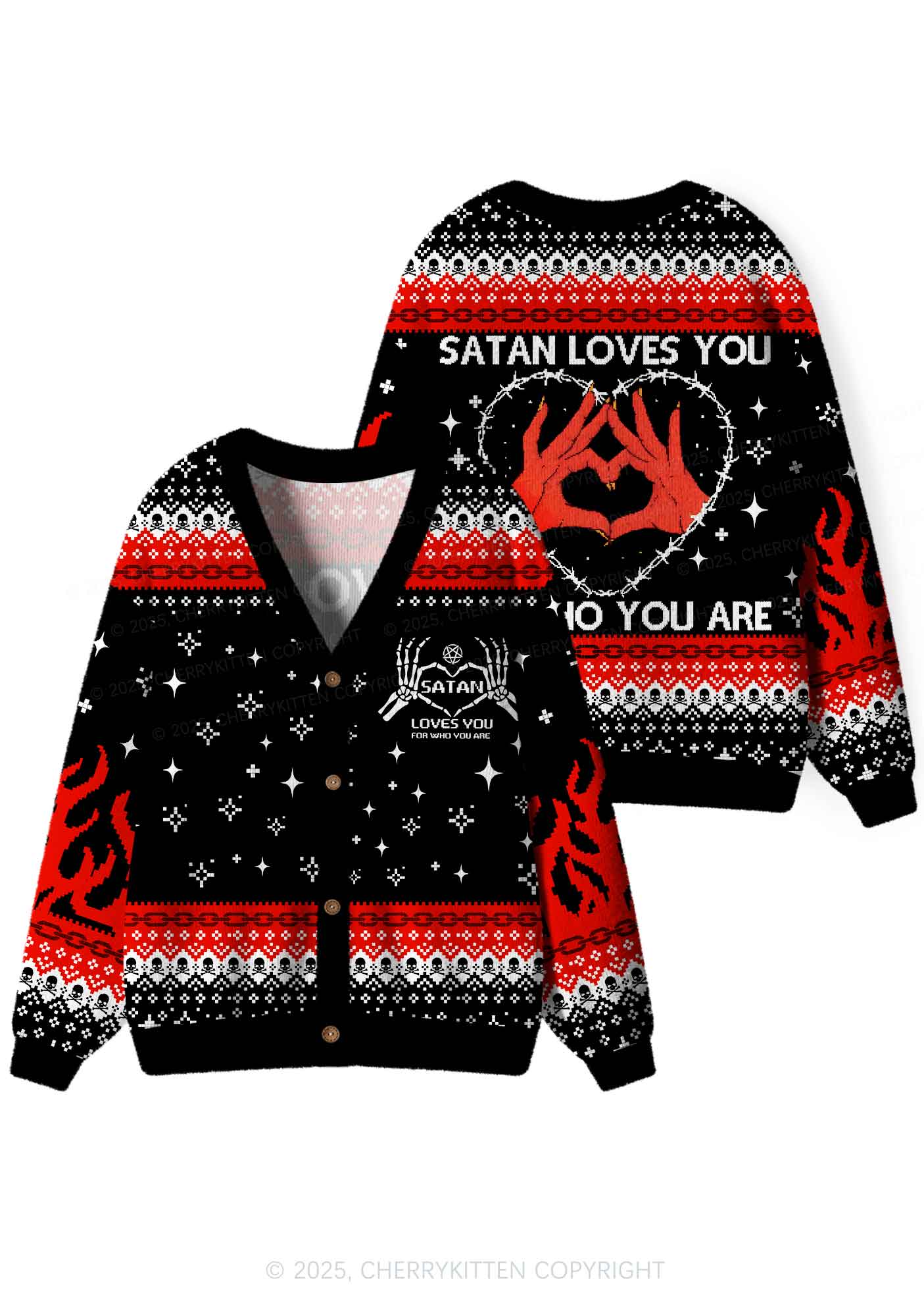 Halloween Satan Loves You Heart Y2K Christmas Cardigan Knit Sweatshirt Cherrykitten