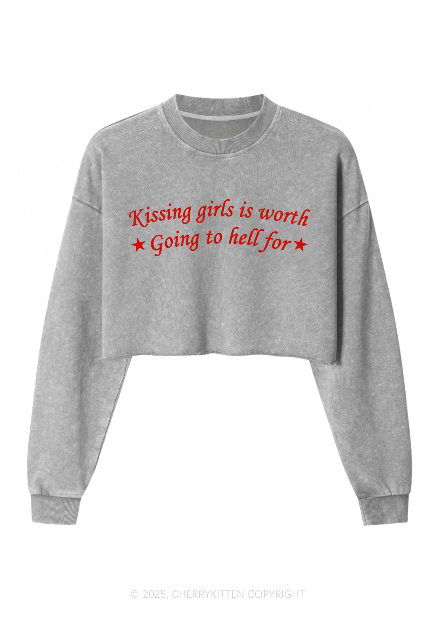 Kissing Girls is Worth Pride Y2K Crop Washed Sweatshirts Cherrykitten