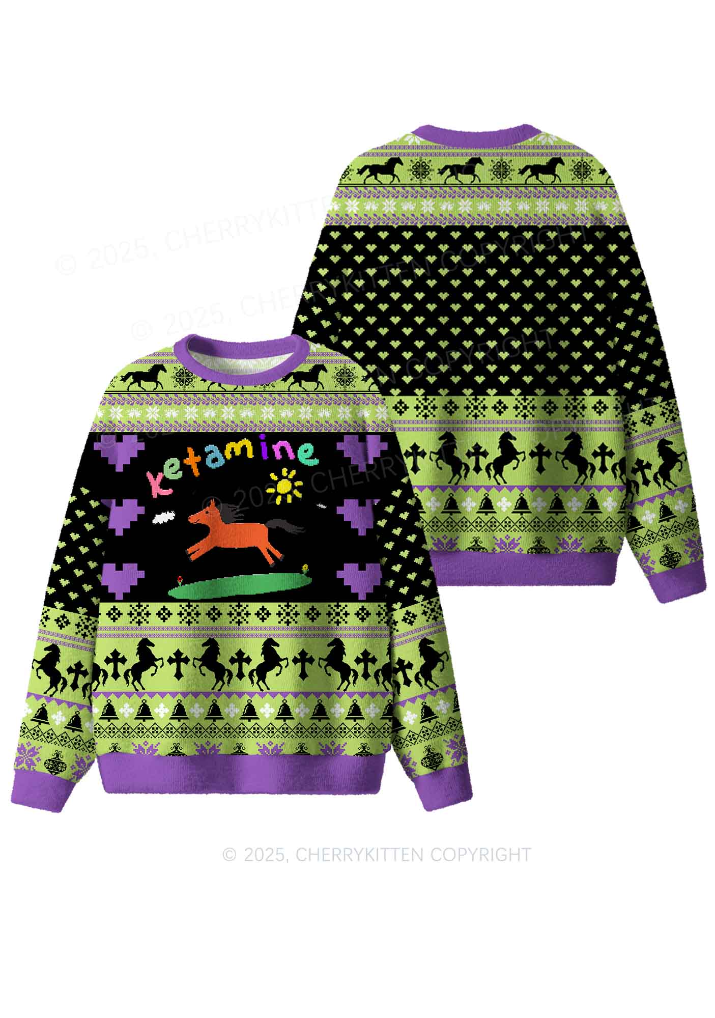 Green K Pony Y2K Christmas Knit Sweatshirt Cherrykitten