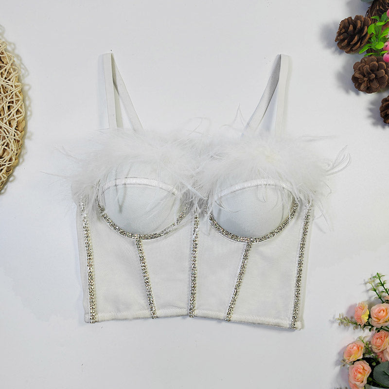 Rhinestone Feather Corset Y2K Hot Girl Tube Top Cherrykitten