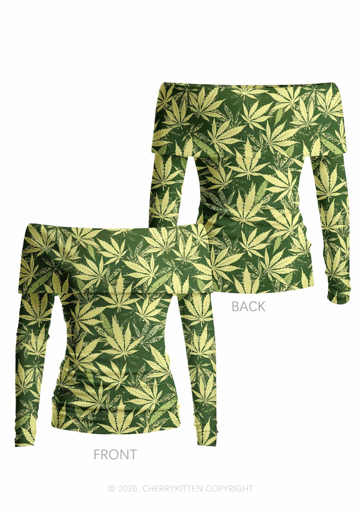 Green Wxxd Leaf Y2K Off Shoulder Fold Over Knit Top Cherrykitten