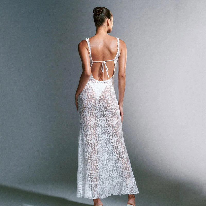 See Through Lace Backless White Y2K Suspender Dress Cherrykitten