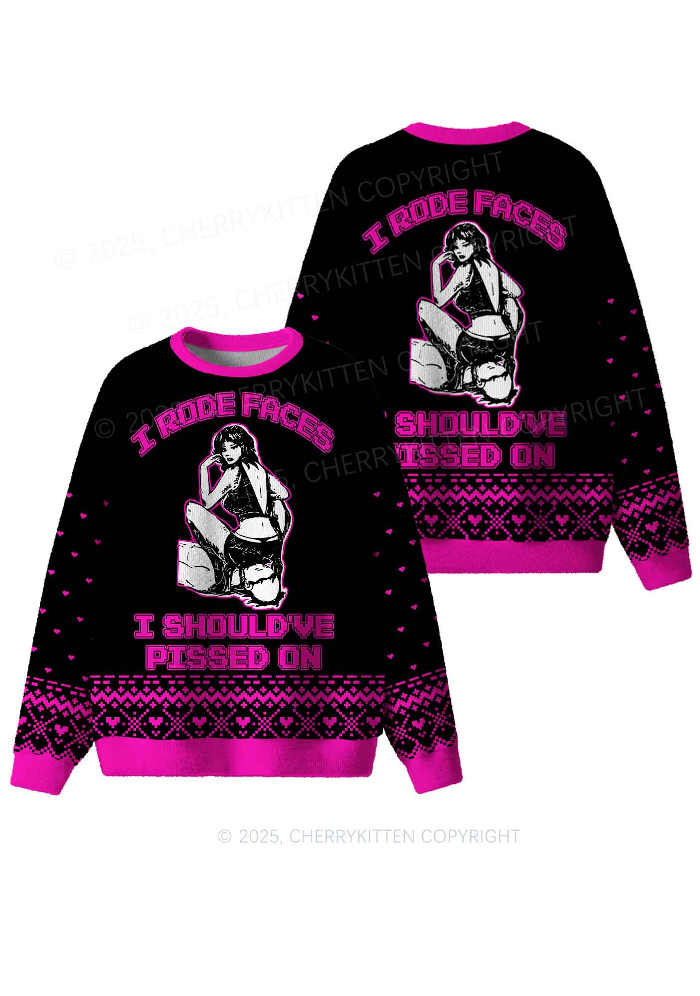 Hot Pink I Rode Faces Y2K Christmas Knit Sweatshirt Cherrykitten