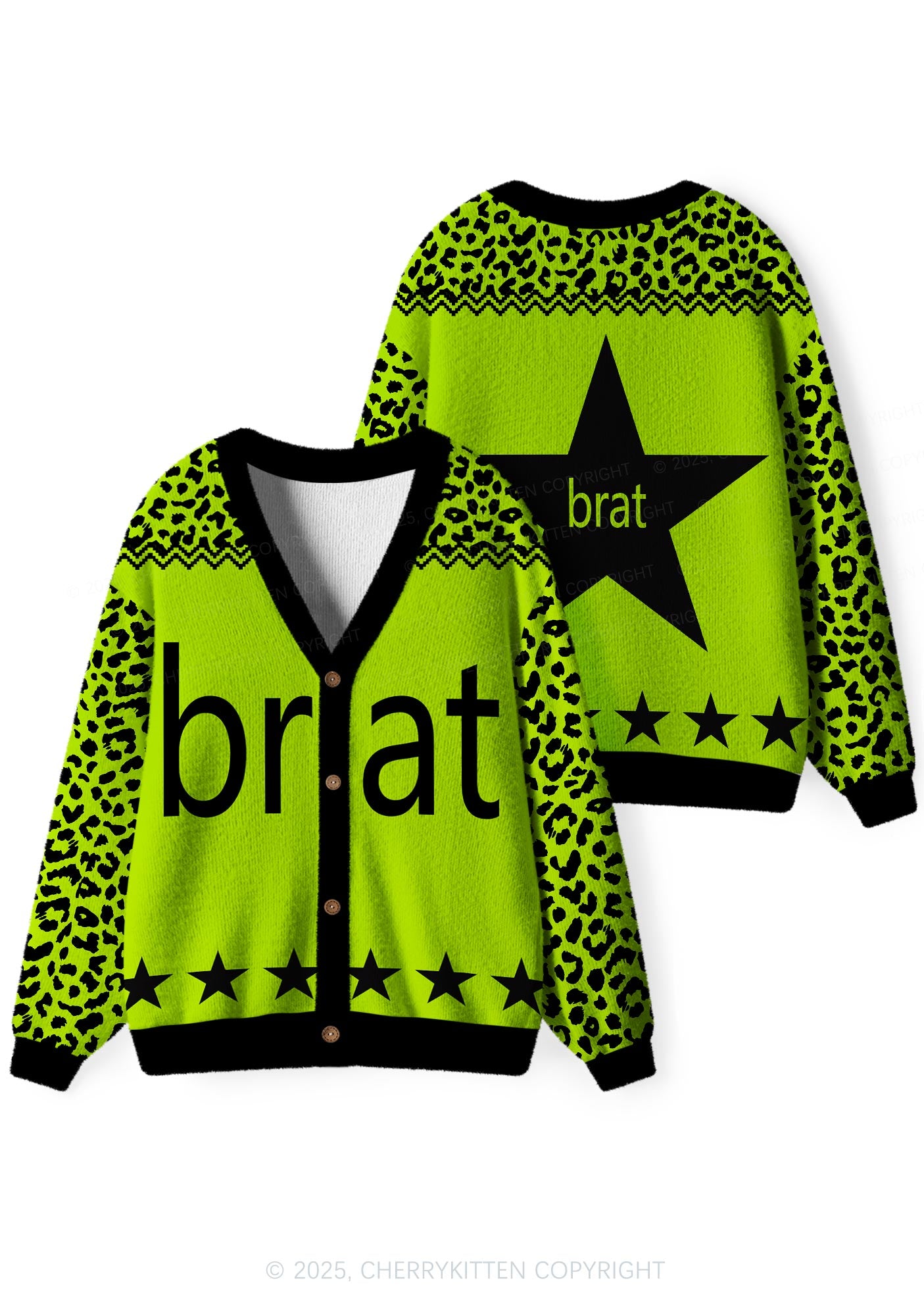 Green Brat Star Y2K Christmas Cardigan Knit Sweatshirt Cherrykitten