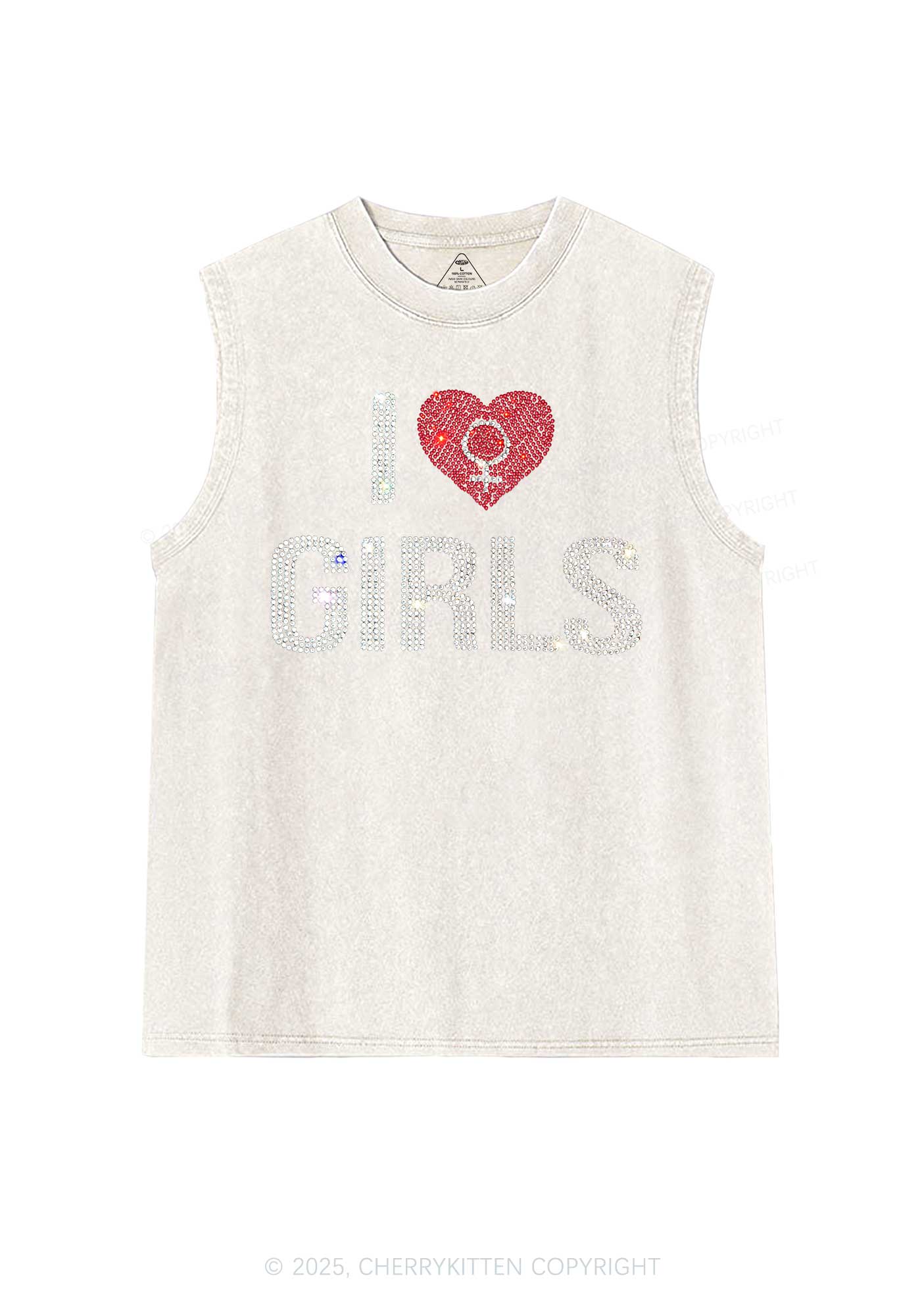 Rhinestone I Love Girls Pride Y2K Washed Muscle Tank Cherrykitten