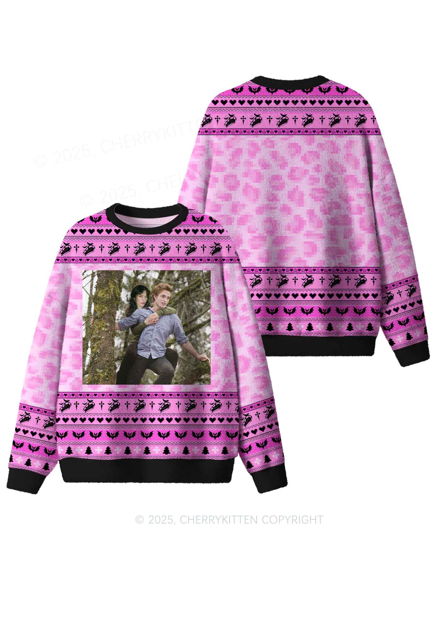 Pink Custom Face Y2K Christmas Knit Sweatshirt Cherrykitten