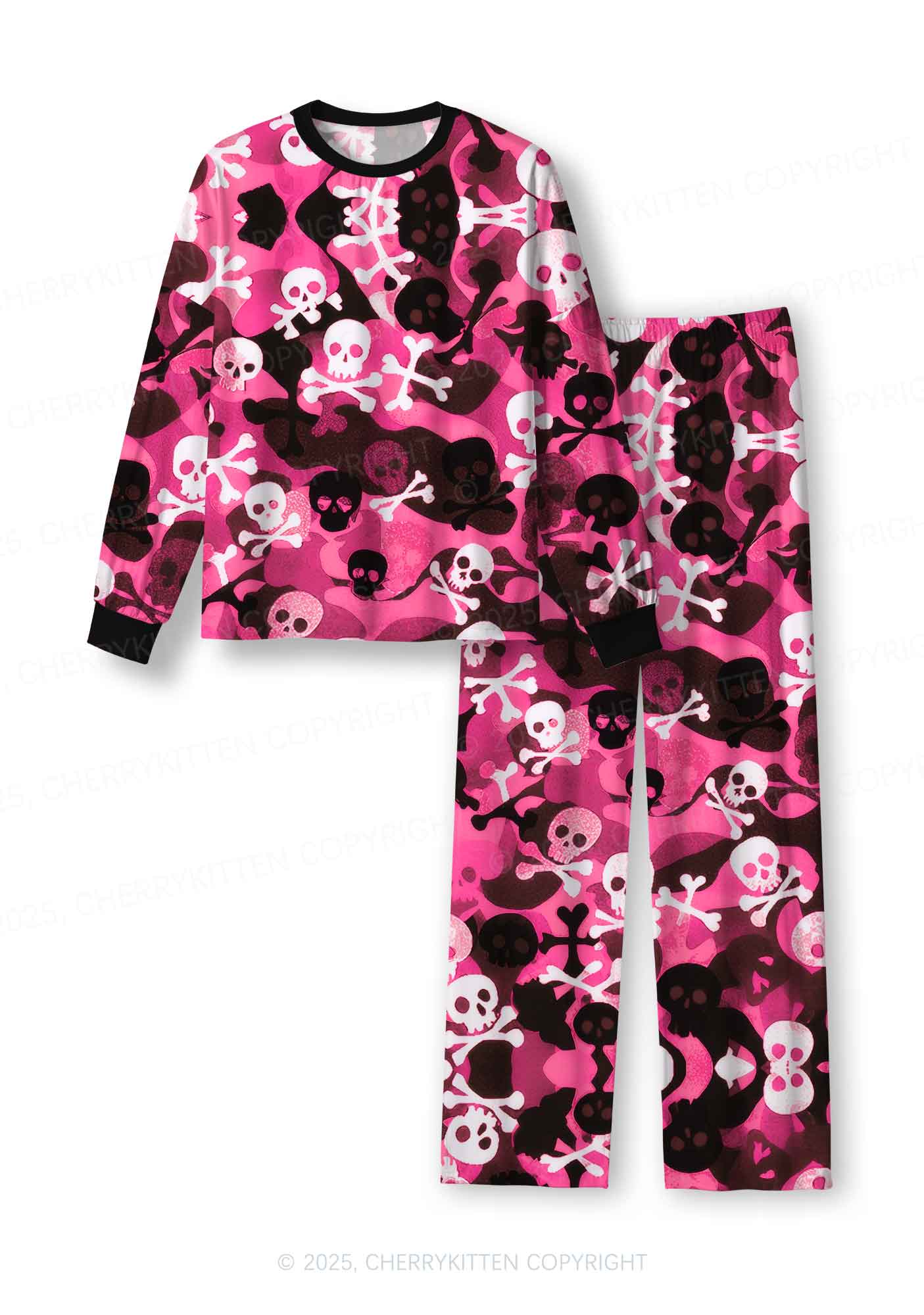 Halloween Pink Camouflage Skull Y2K Print Long Sleeve Pajama Set Cherrykitten