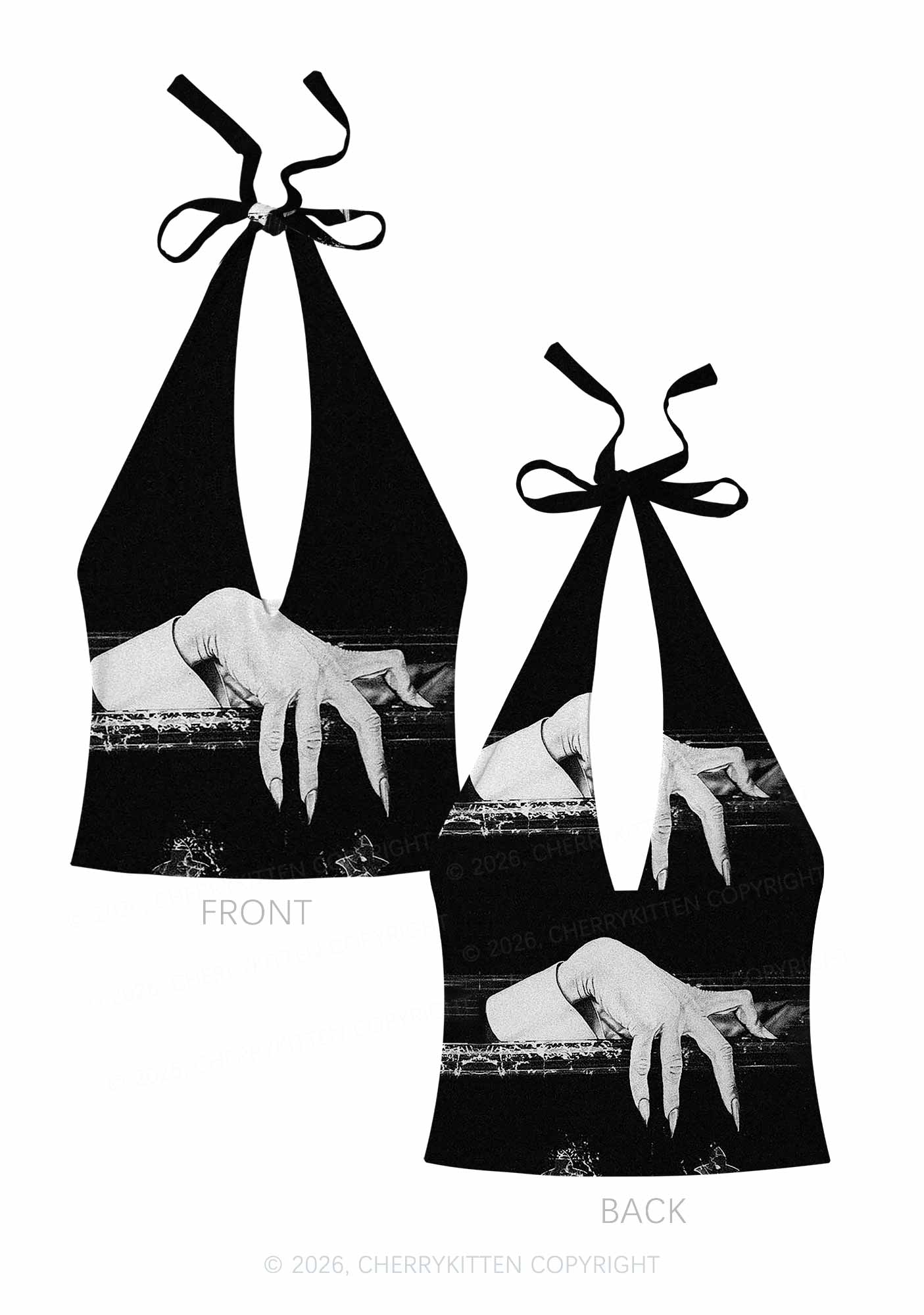 Halloween Black Vampire Claw Y2K Print Halter Deep V Neck Cami Cherrykitten