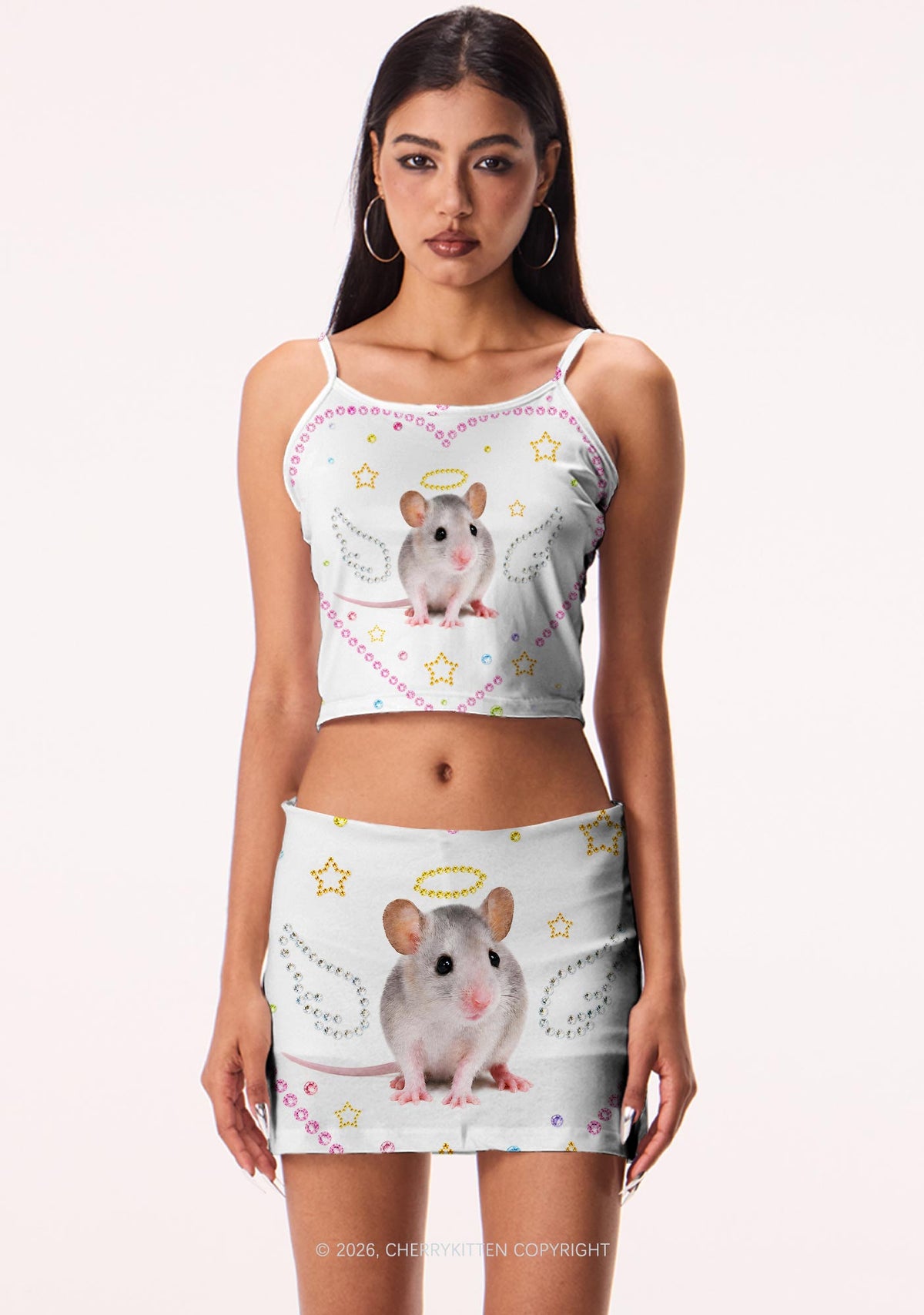 Rhinestone Angel Rat Y2K Print Mini Skirt Cherrykitten