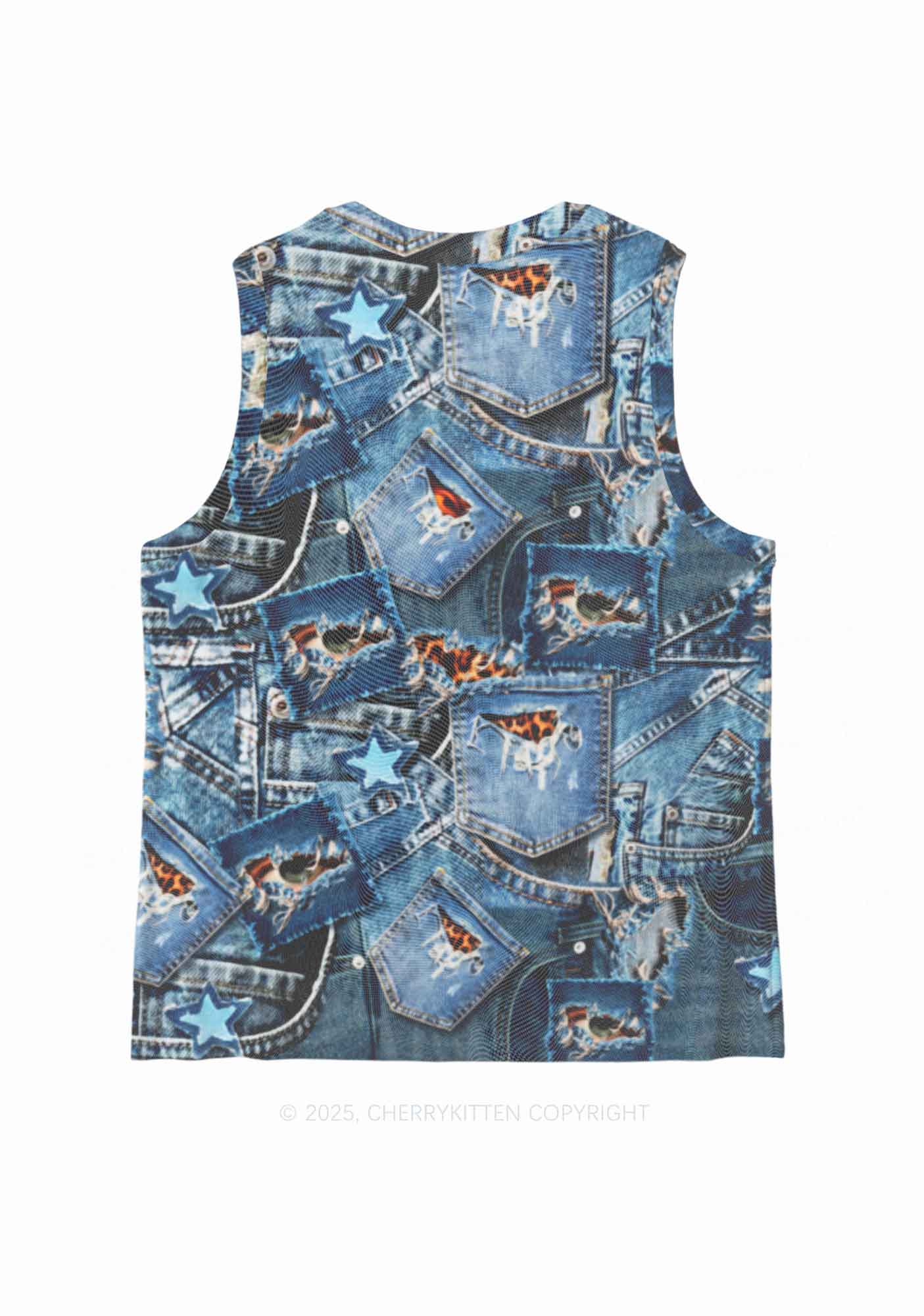 Denim Patchwork Y2K Mesh Muscle Tank Cherrykitten