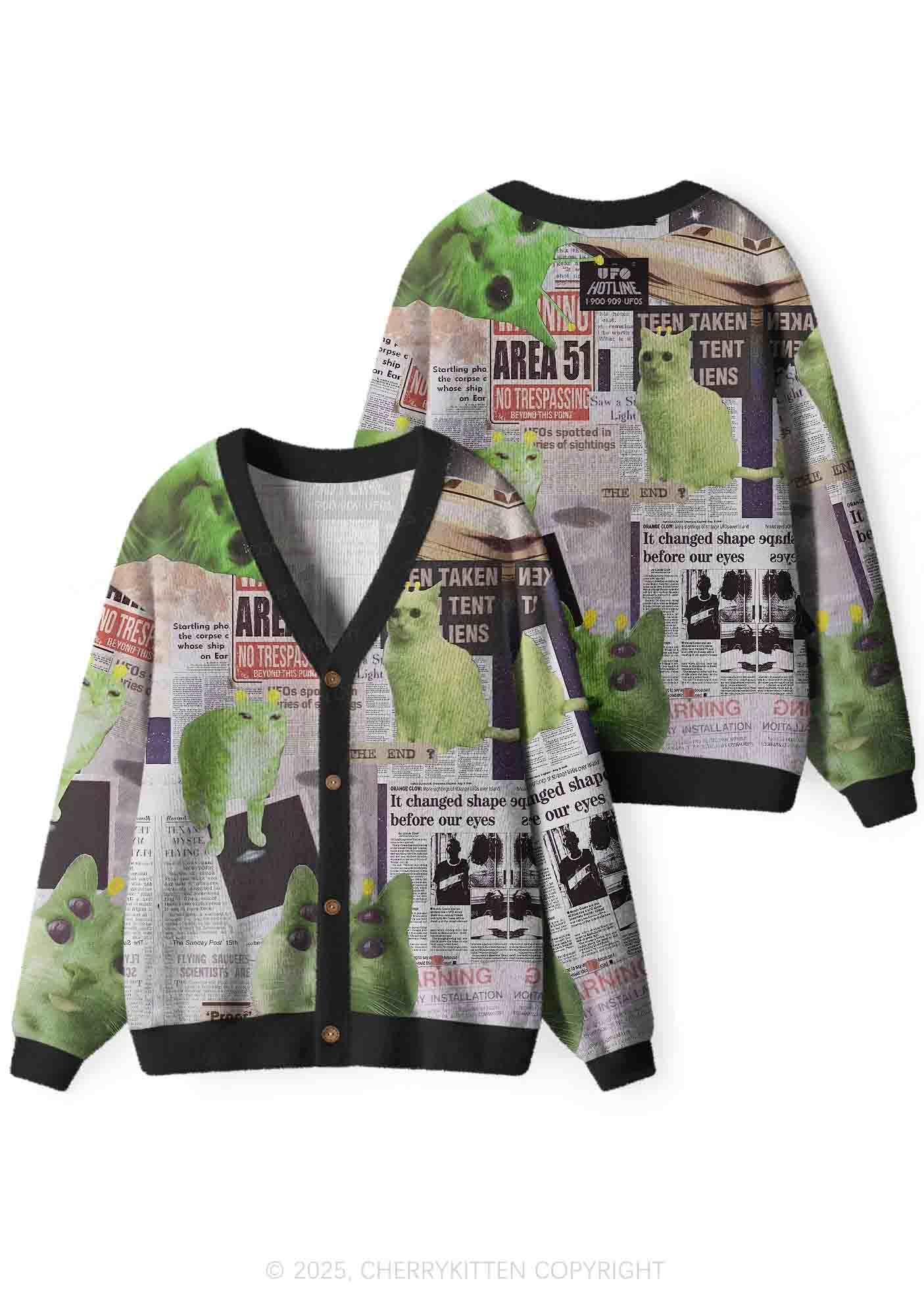 Green Alien Kitten Y2K Christmas Cardigan Knit Sweatshirt Cherrykitten