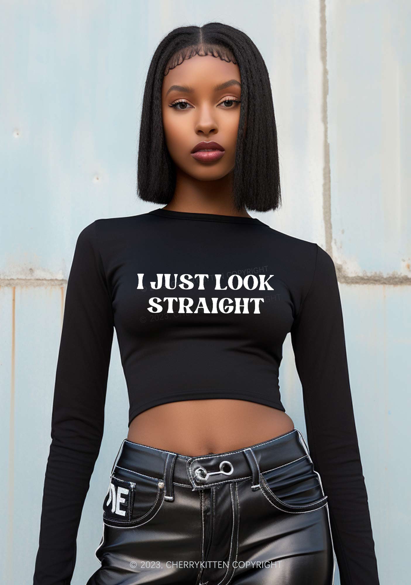 I Just Look Straight Long Sleeve Crop Top Cherrykitten