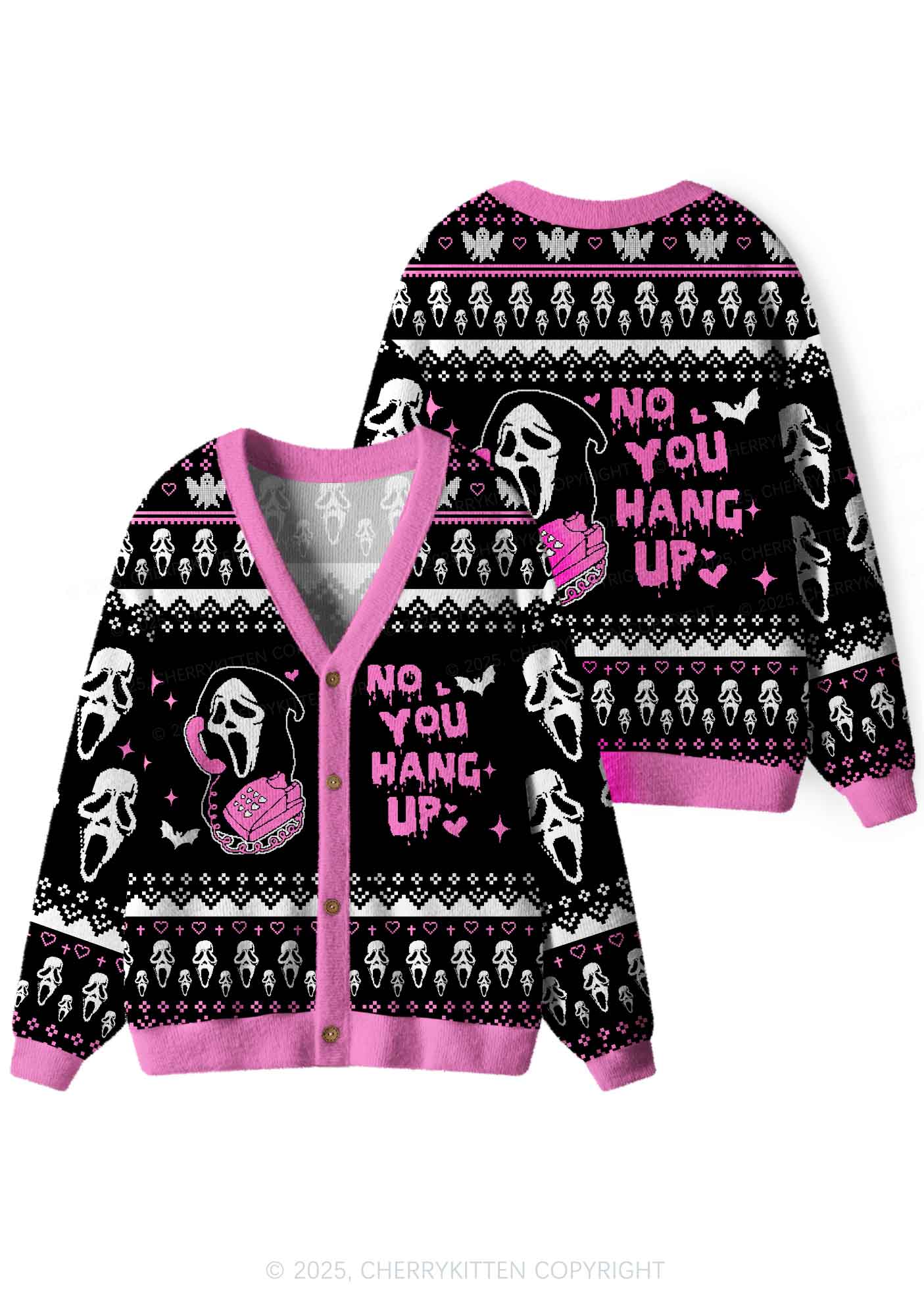 Halloween Pink No You Hang Up Y2K Christmas Cardigan Knit Sweatshirt Cherrykitten