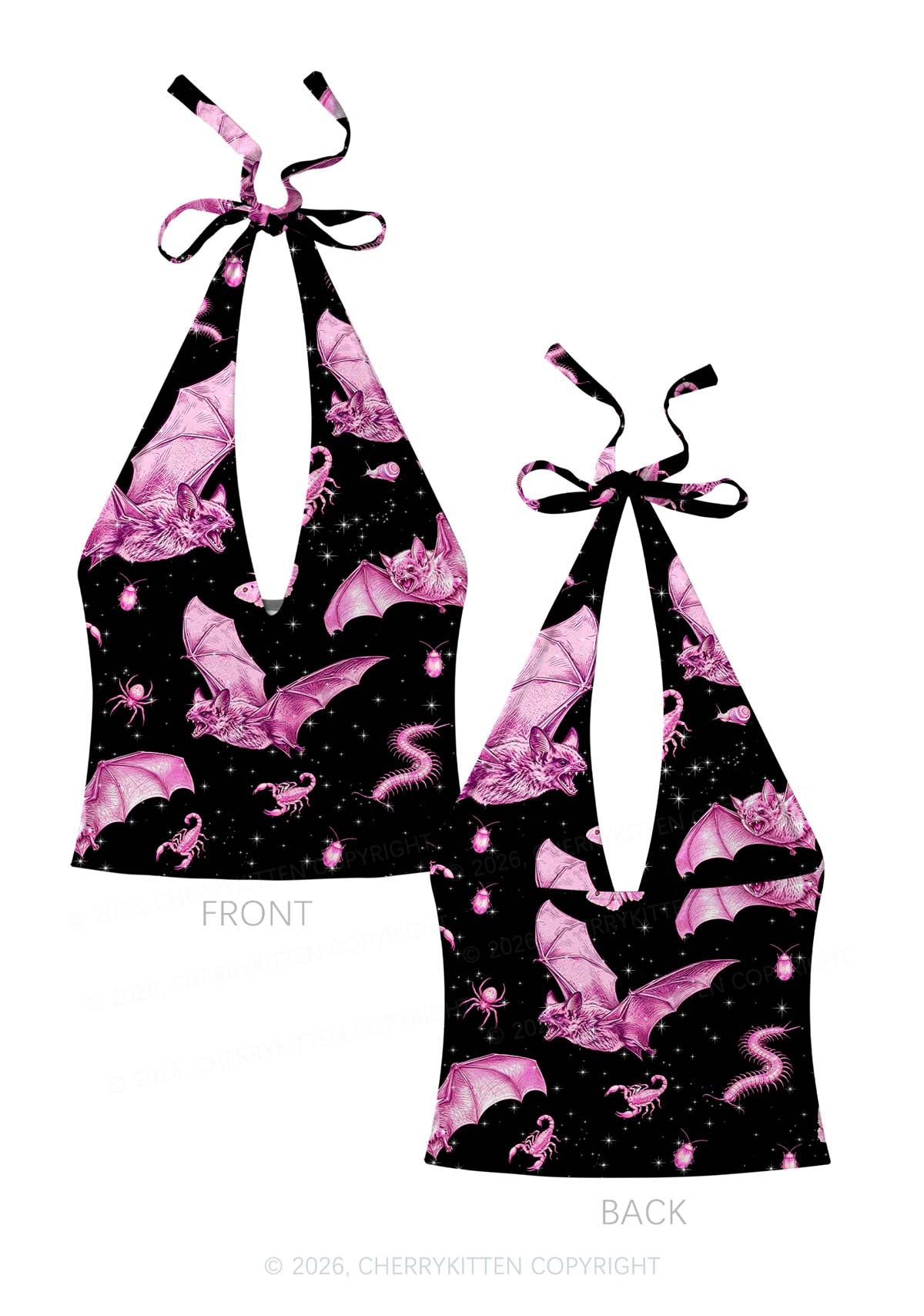 Halloween Pink Bat Y2K Print Halter Deep V Neck Cami Cherrykitten