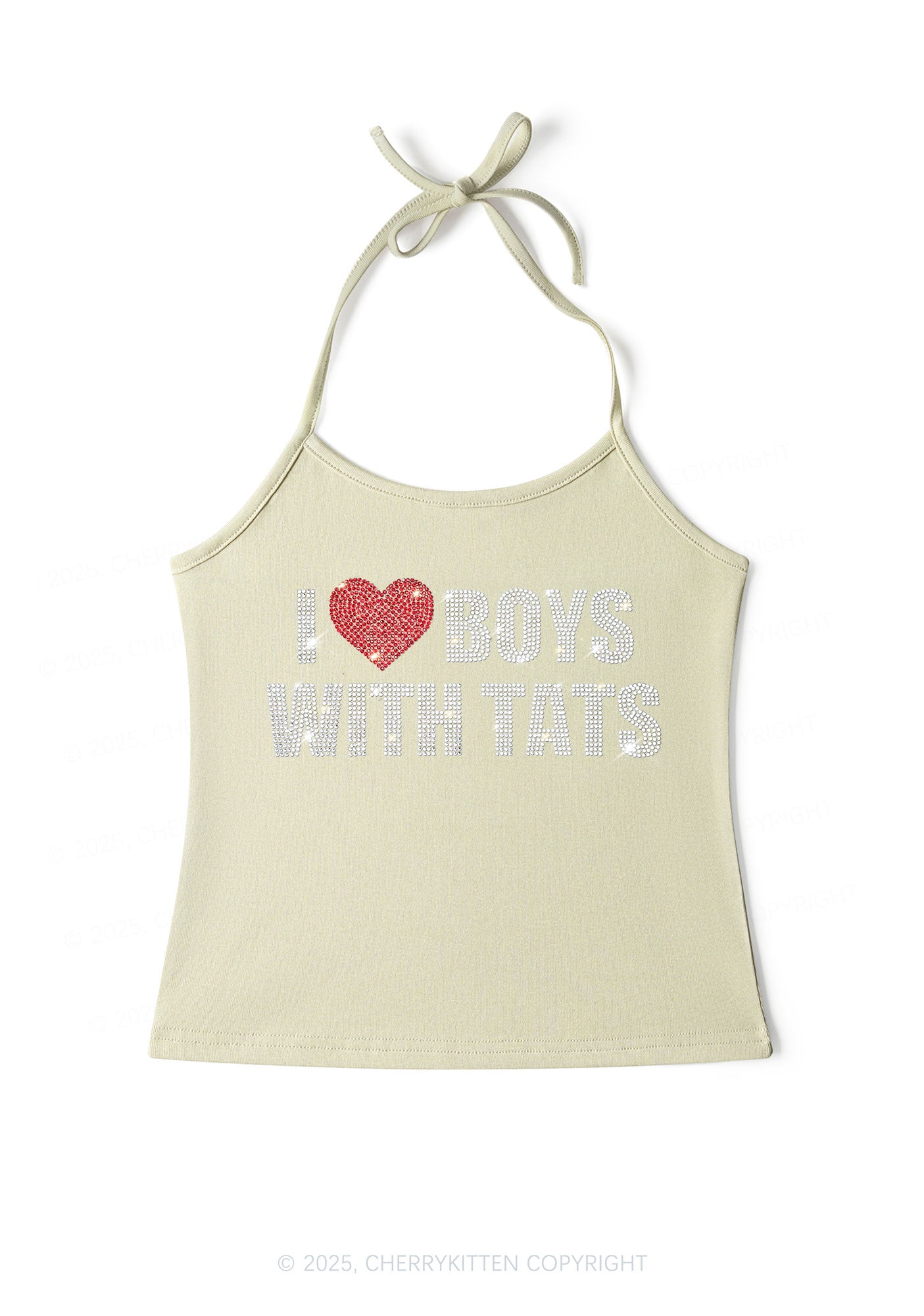 Rhinestone I Love Boys With Tats Y2K Halter Neck Cami Cherrykitten