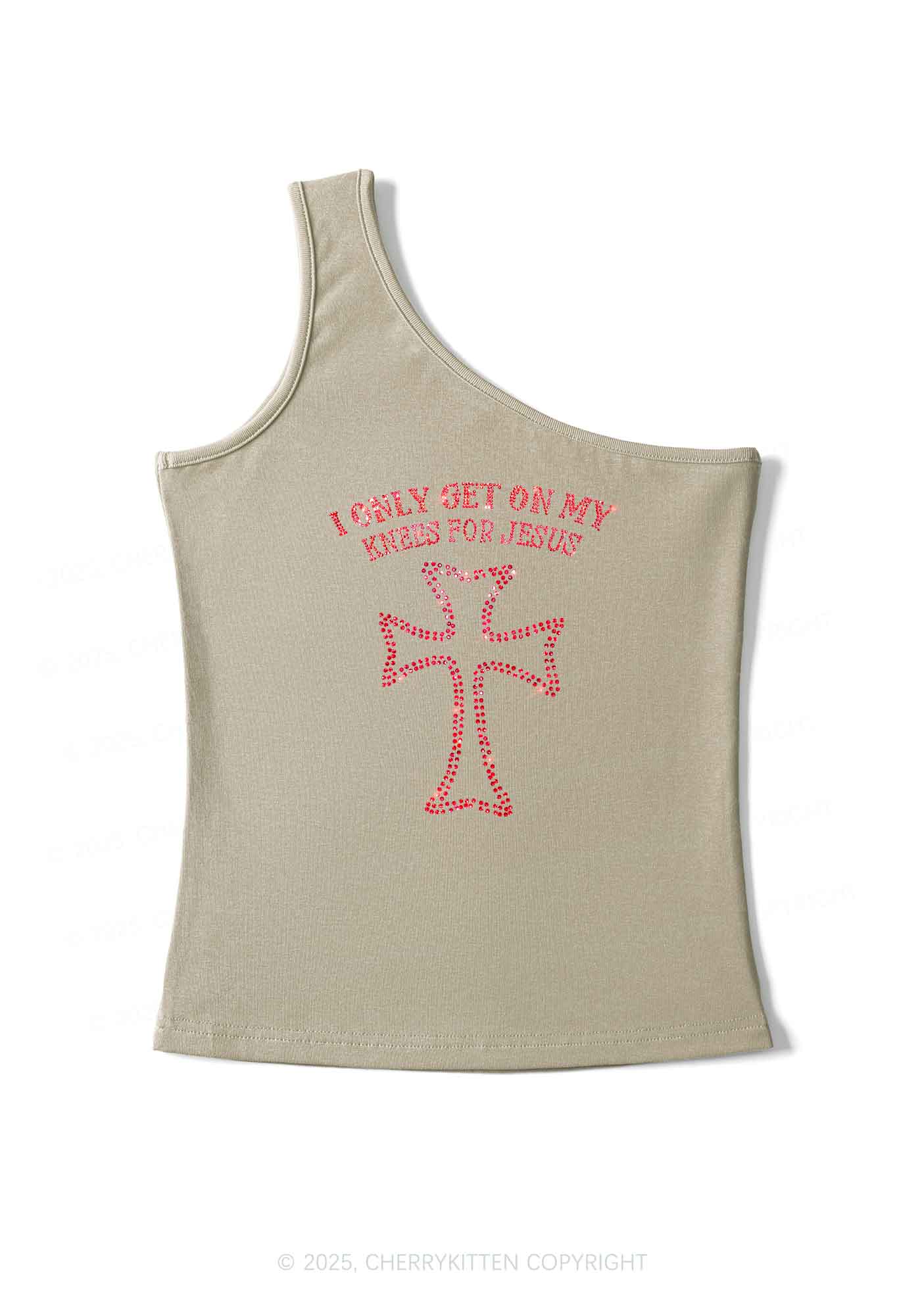 Rhinestone Get On Knees For Jesus Y2K One Shoulder Tank Top Cherrykitten