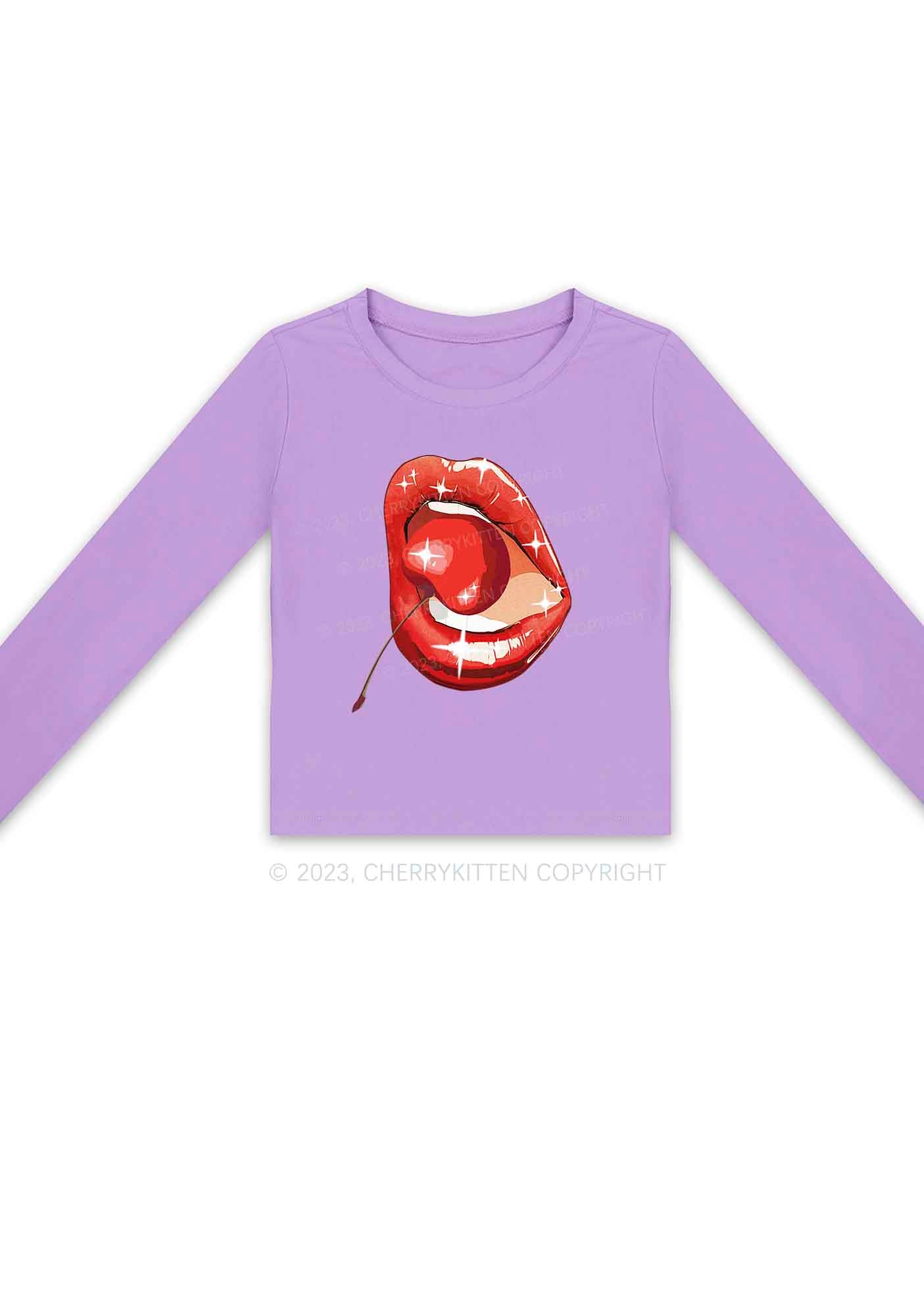 Red Cherry Lipstick Y2K Long Sleeve Crop Top Cherrykitten