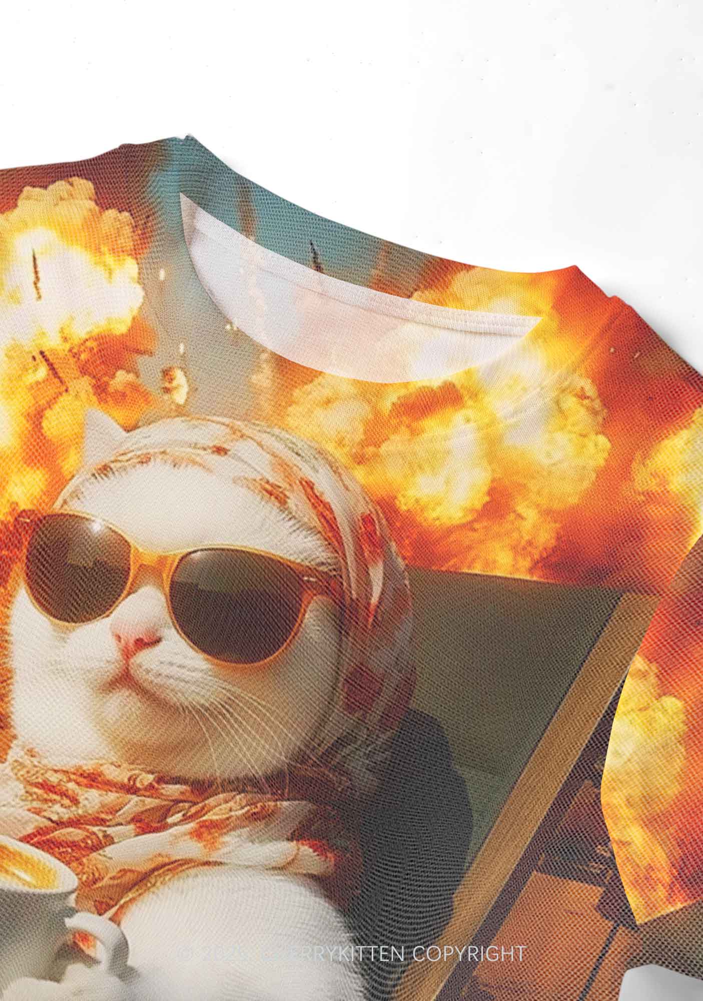 Cool Cat Enjoying Coffee Y2K Mesh Crop Top Cherrykitten