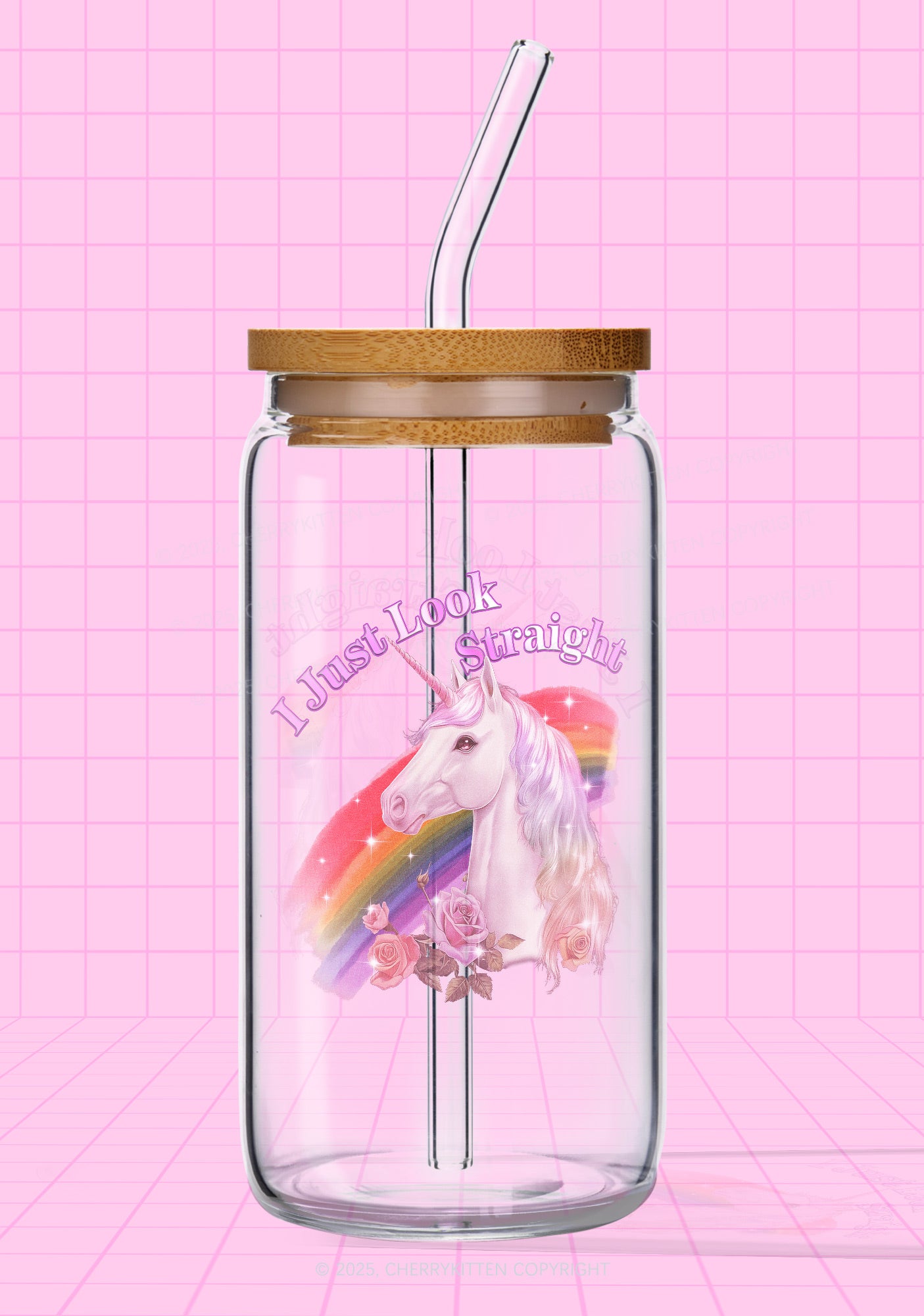 Look Straight Unicorn Pride Y2K Printed Glass Cup Cherrykitten